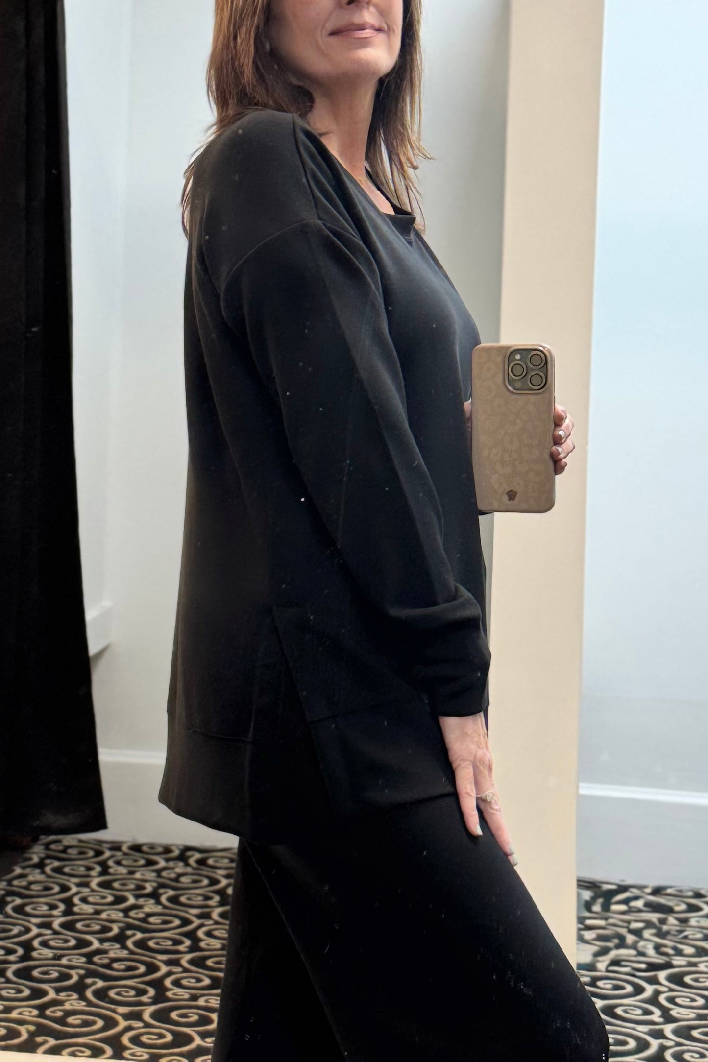 Liquid Energy Black Buttery Soft High Low Stretch Modal Crewneck Top