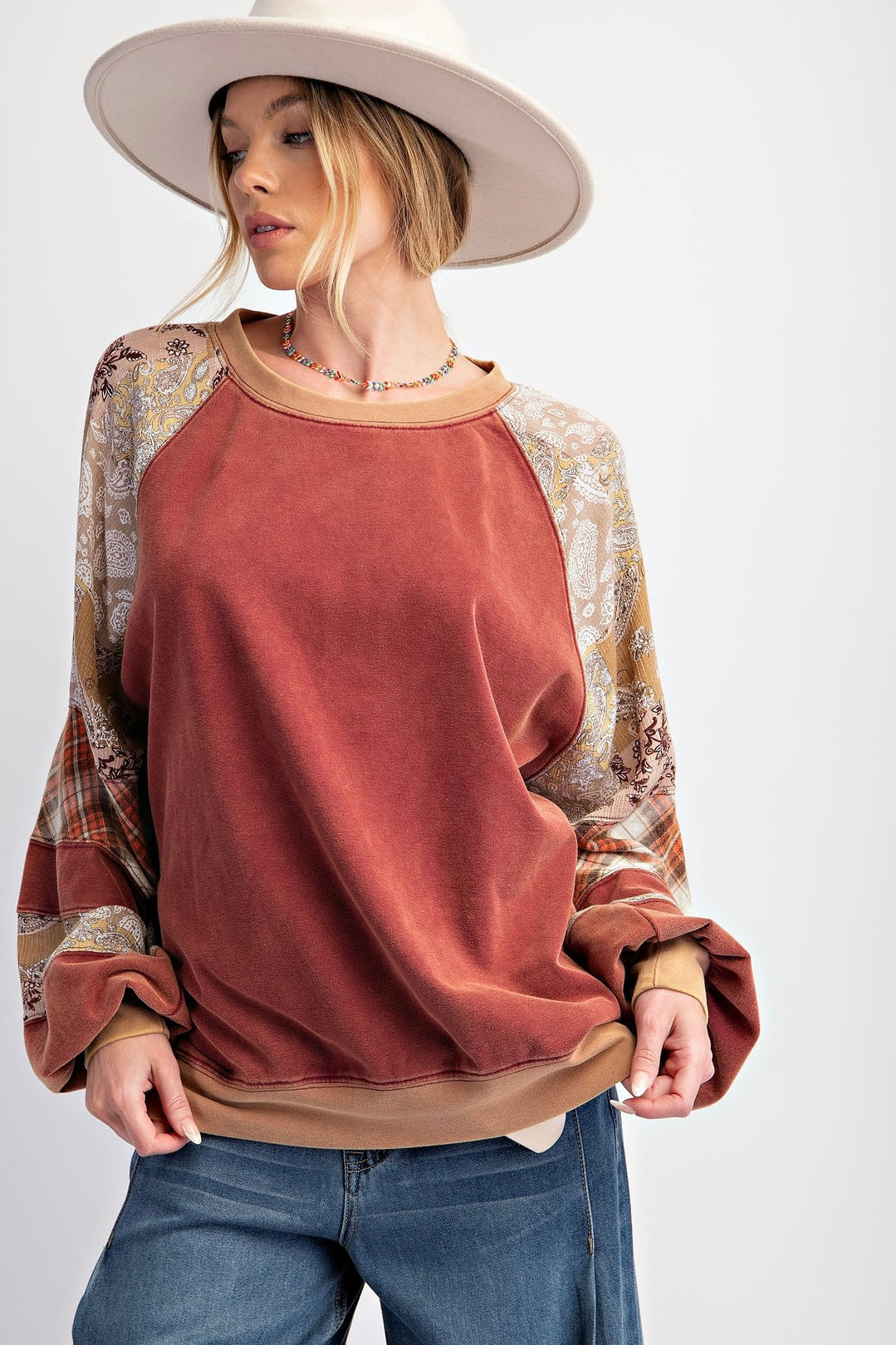 Easel Cherrywood Velour Mixed Print Long Sleeve Top