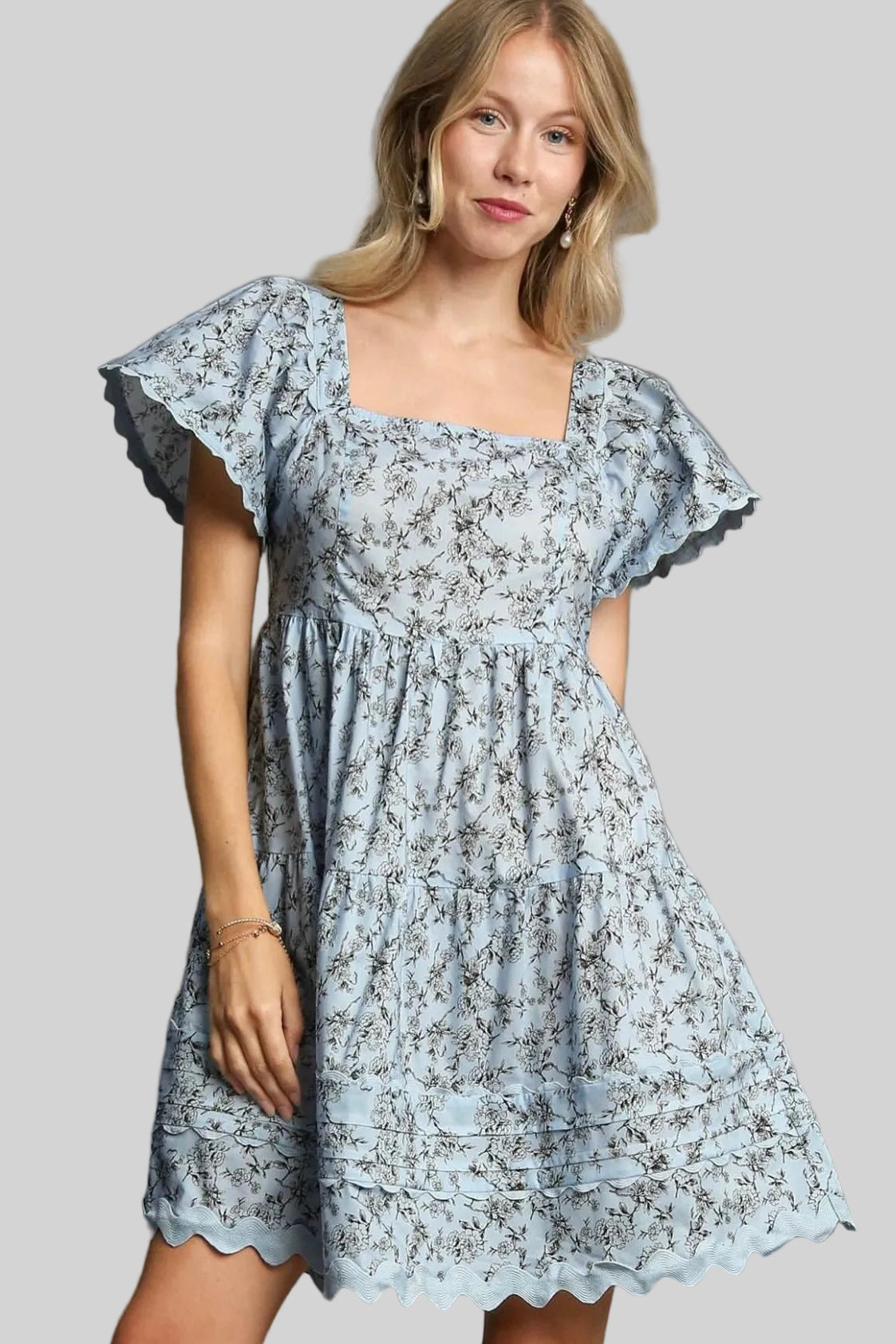 Umgee Light Blue Short Vintage Floral Dress with Flutter Sleeve