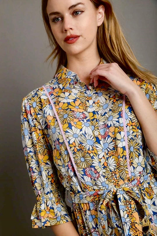 Umgee Blue Floral Belted Short Dress