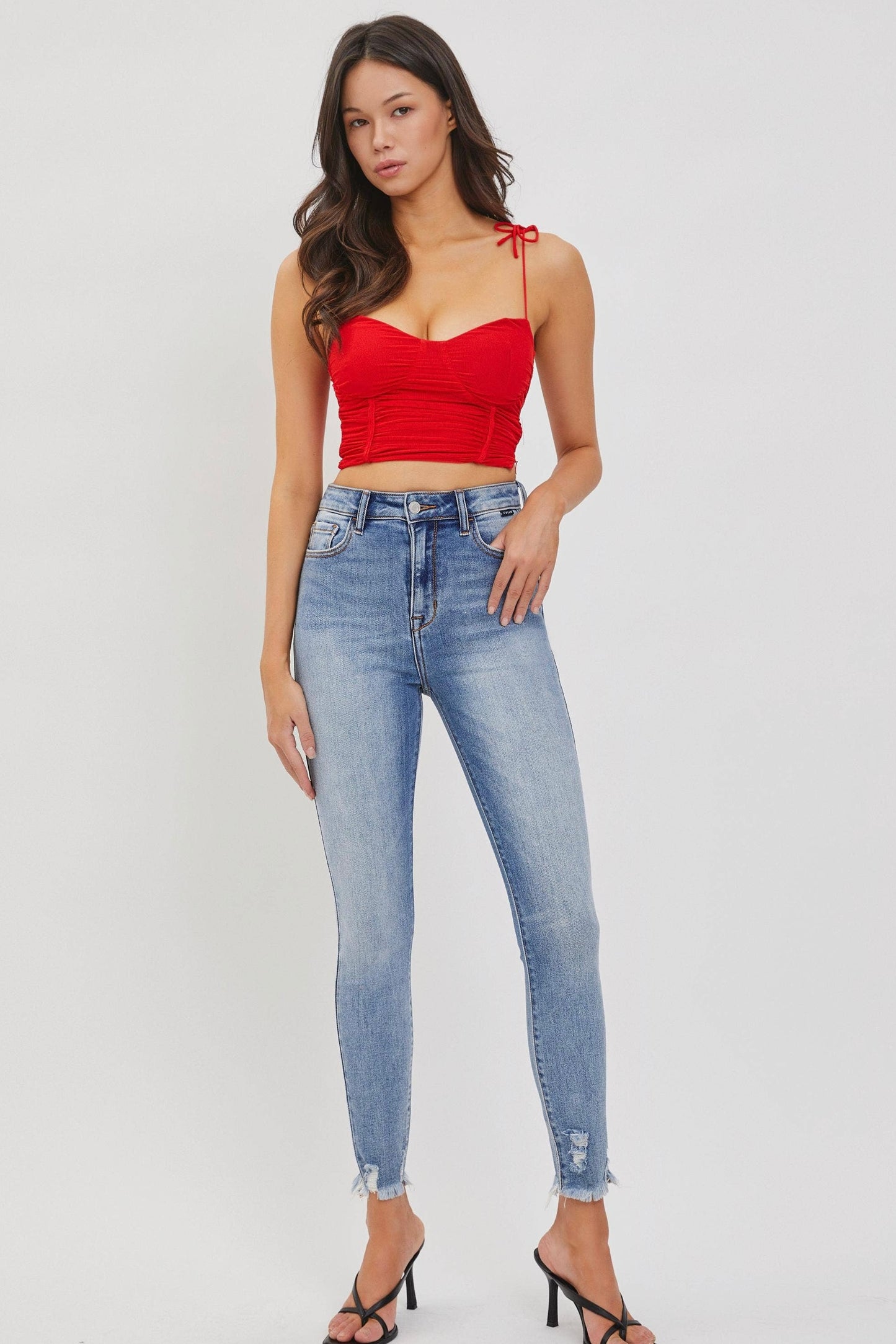 Cello High Rise Distressed Ankle Skinny Jeans in Medium Denim