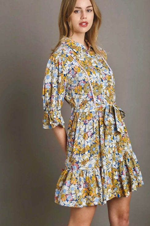 Umgee Blue Floral Belted Short Dress