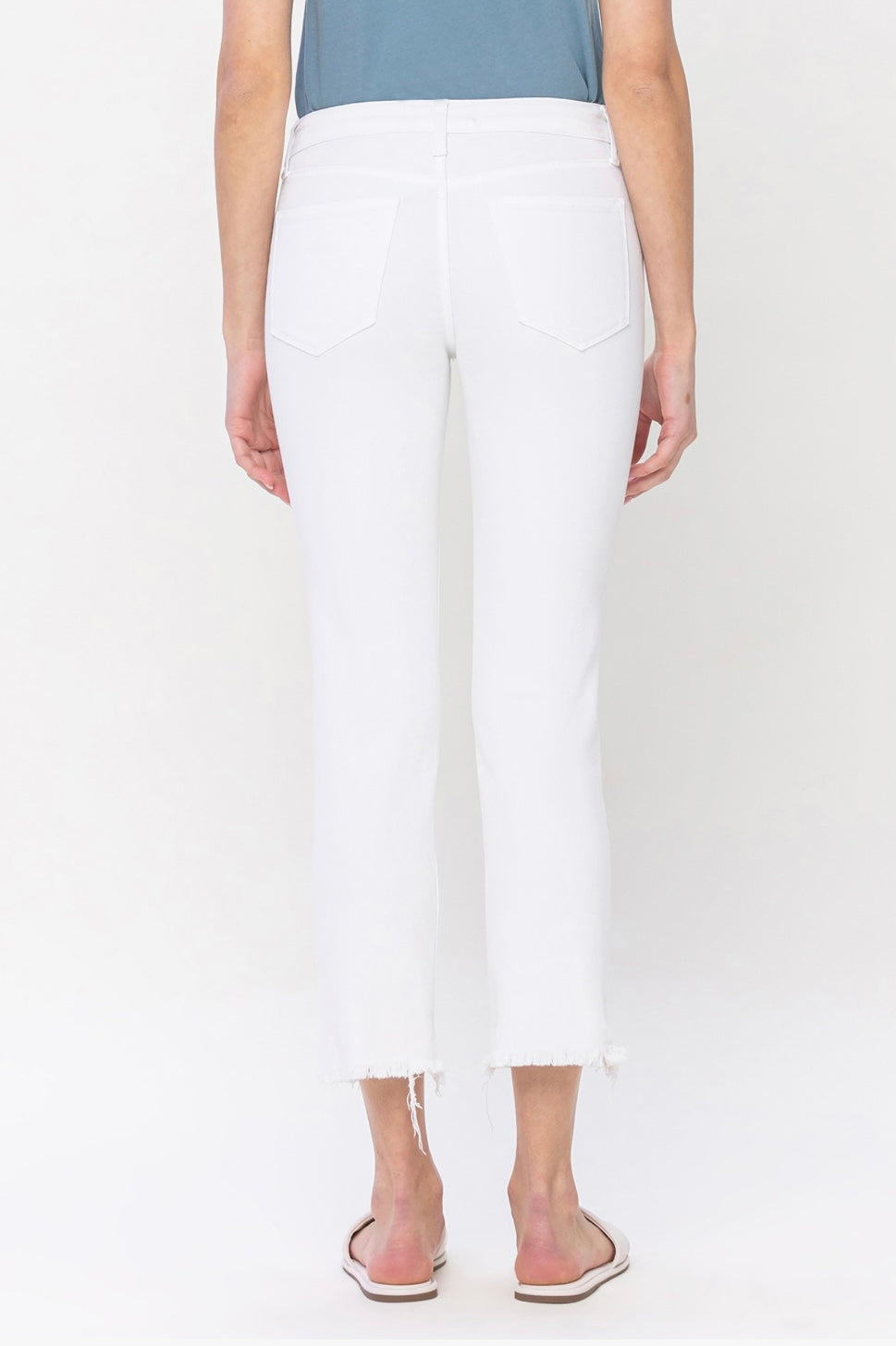 White Mid Rise Straight Stretch Jean with Frayed Hem