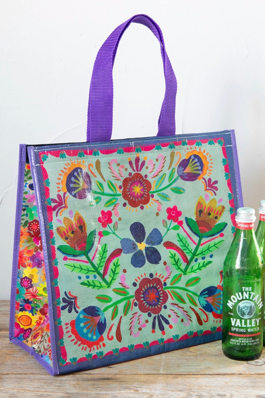 Natural Life Insulated Cooler Tote Bag- Dusty Blue Folk Flower