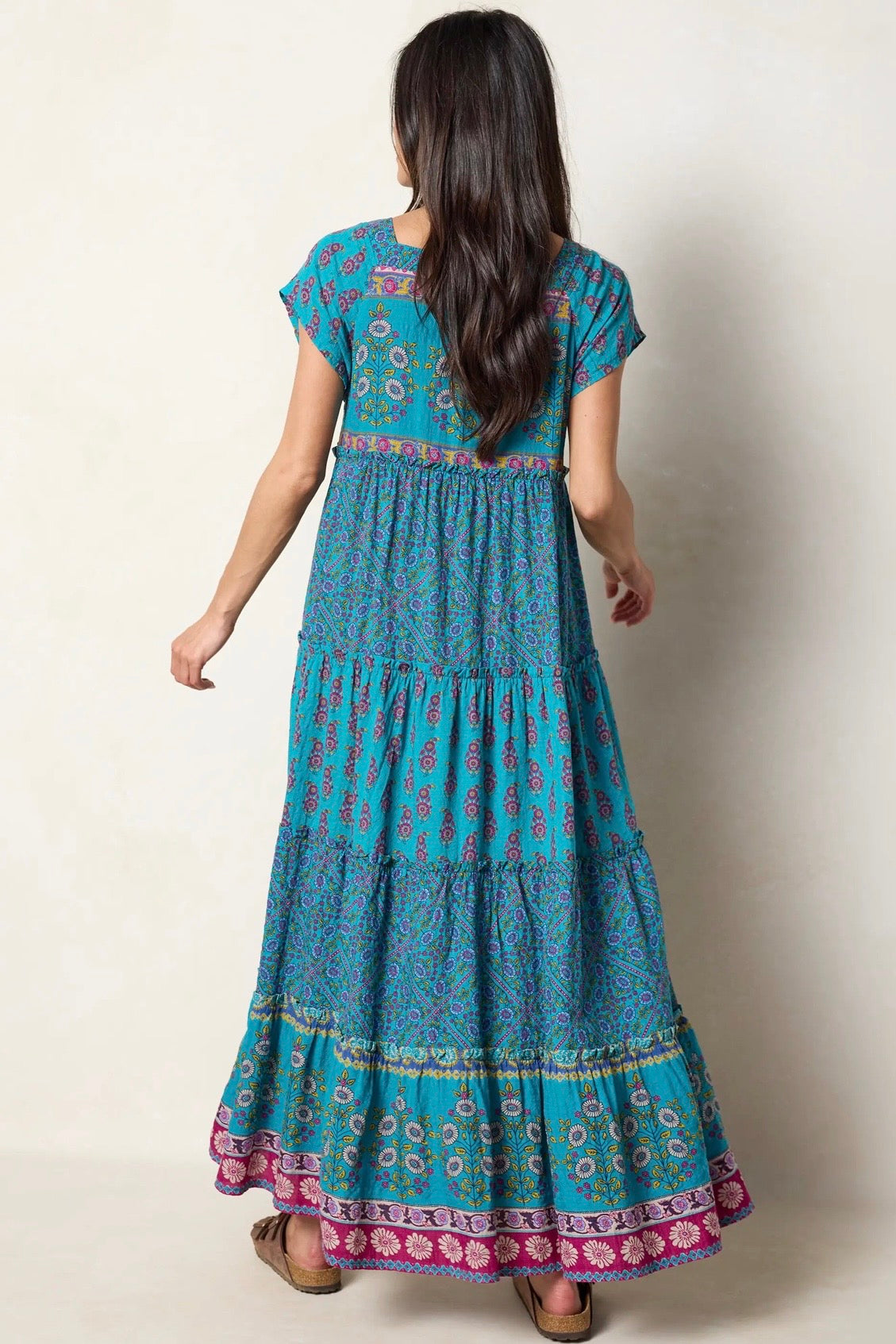 Natural Life Berkley Maxi Dress- Teal Wildflower Tiles