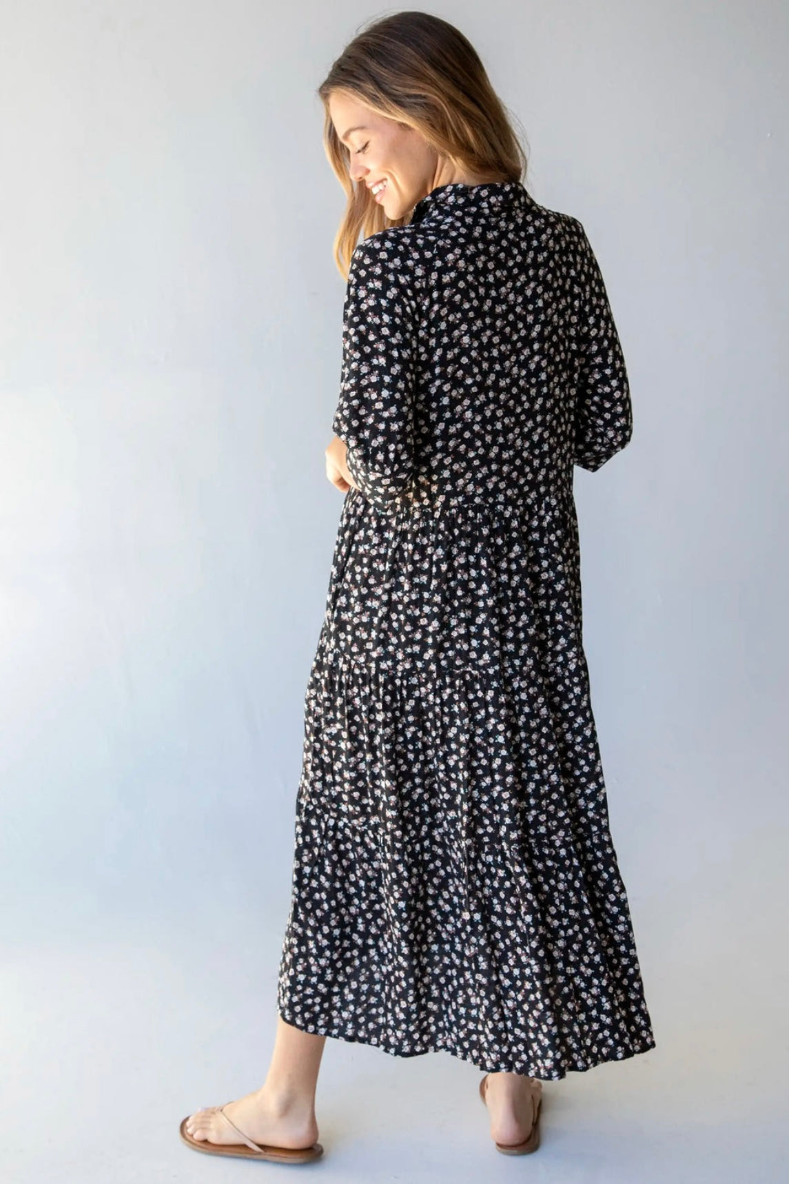 Natural Life Rebecca Midi Dress in Black With Cream Roses