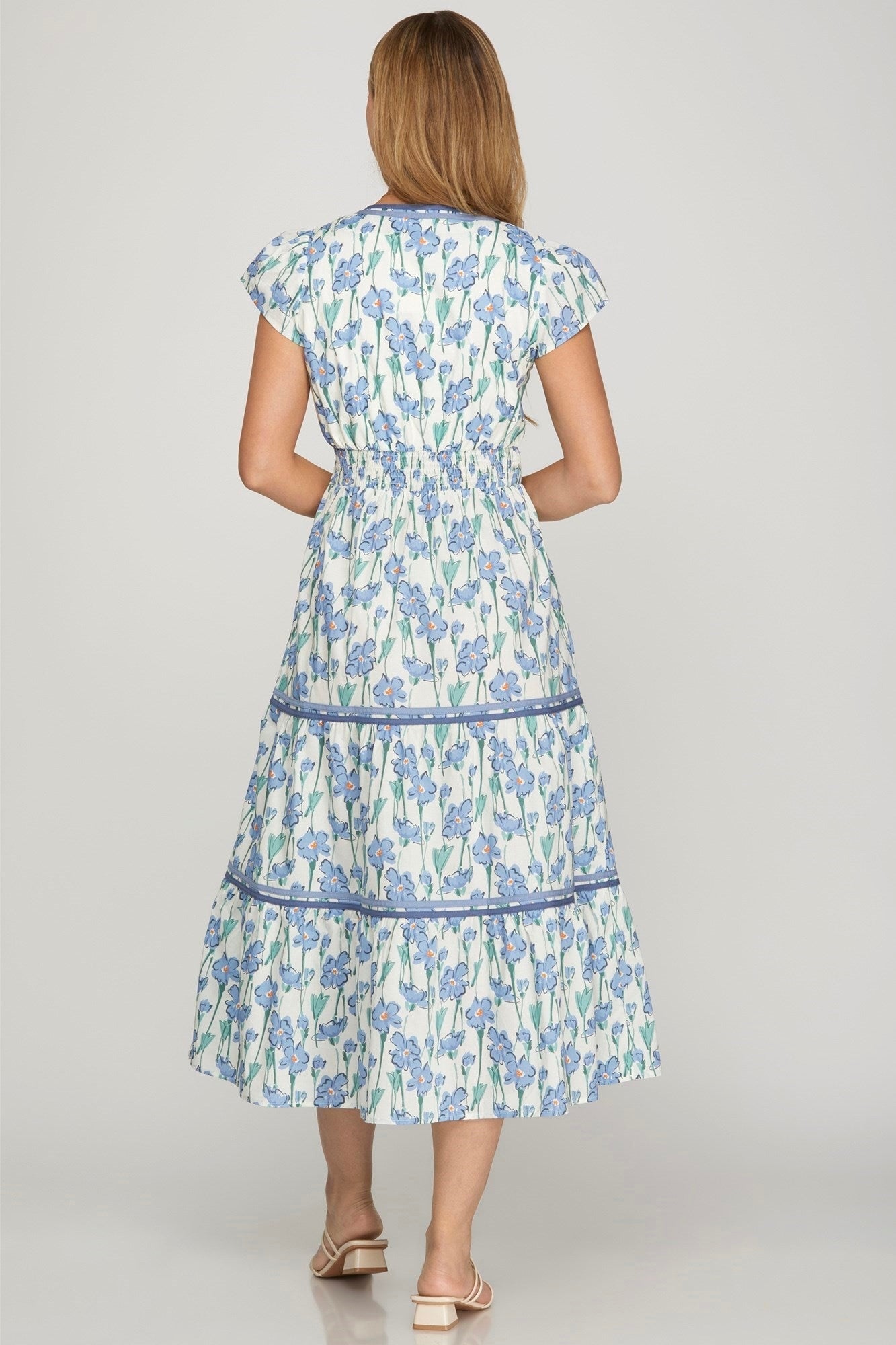 She + Sky Bluebell Fields Tiered Floral Midi Dress