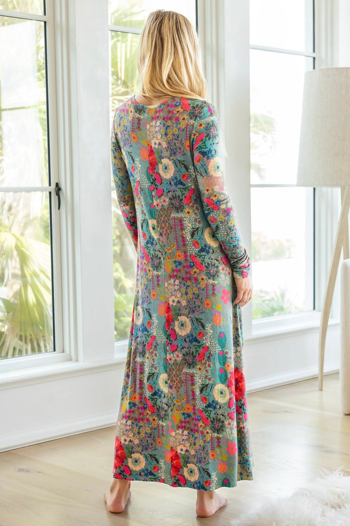 Natural Life Stevie Butter Soft Maxi Dress in Blue Garden Patchwork