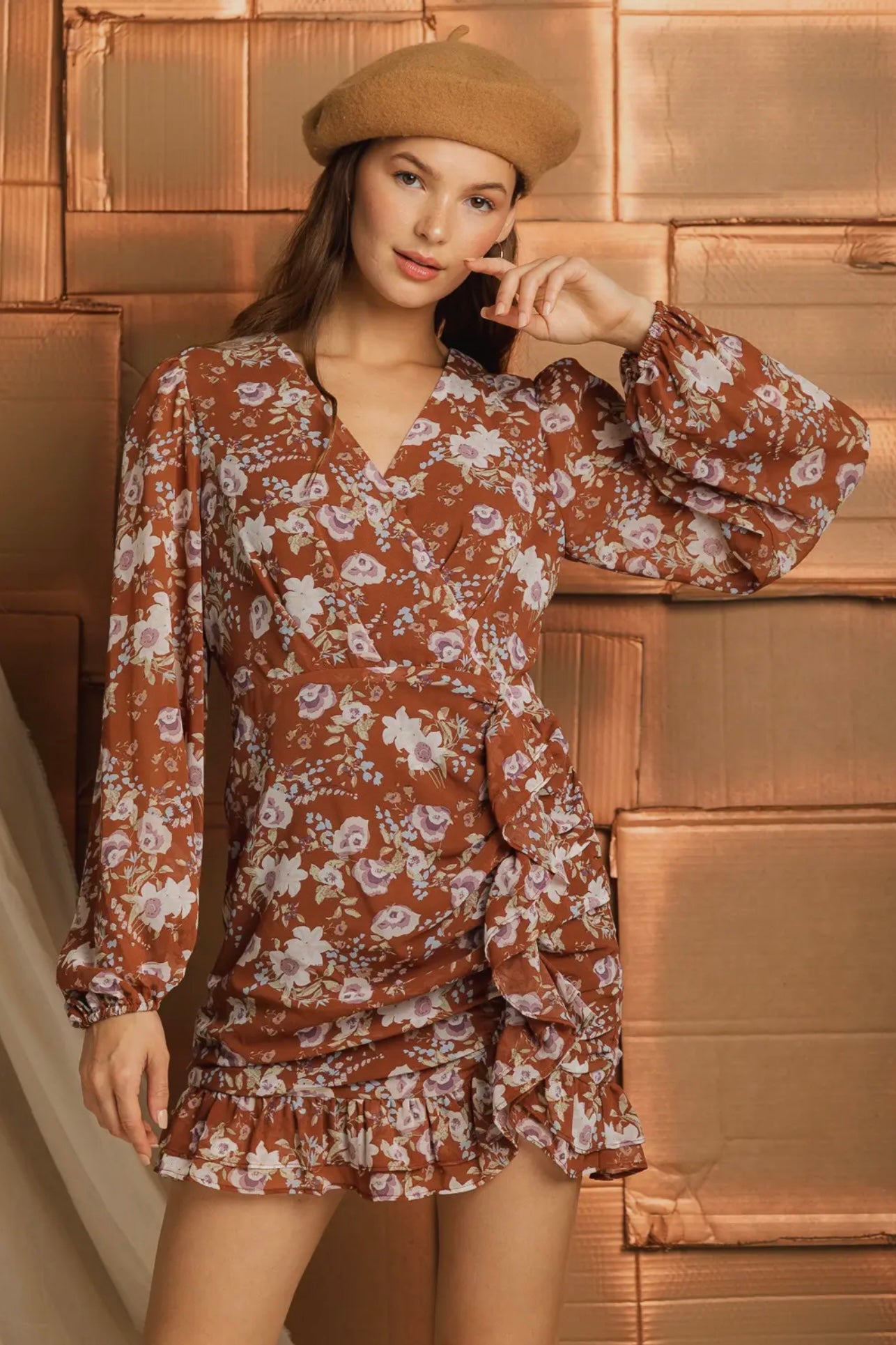 Brown Floral Long Sleeve Mini Dress