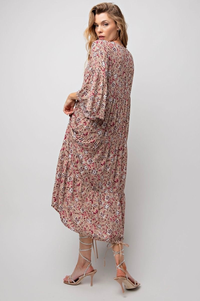 Easel Khaki Floral Tiered Dress with 3/4 Length Bell Sleeve