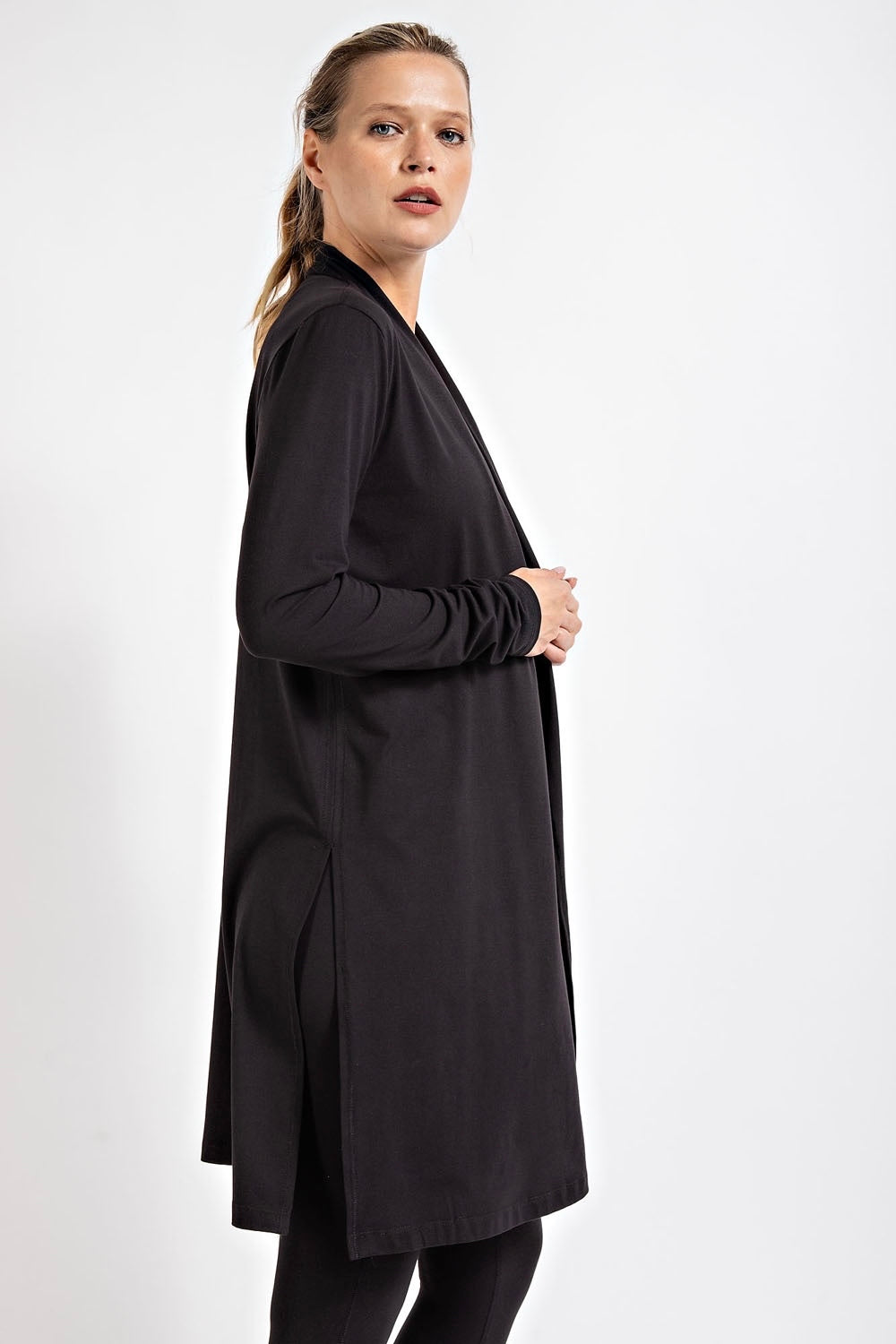 Black Plus Size Butter Soft Long Sleeve Cardigan with 4 Way Stretch and Side Slits