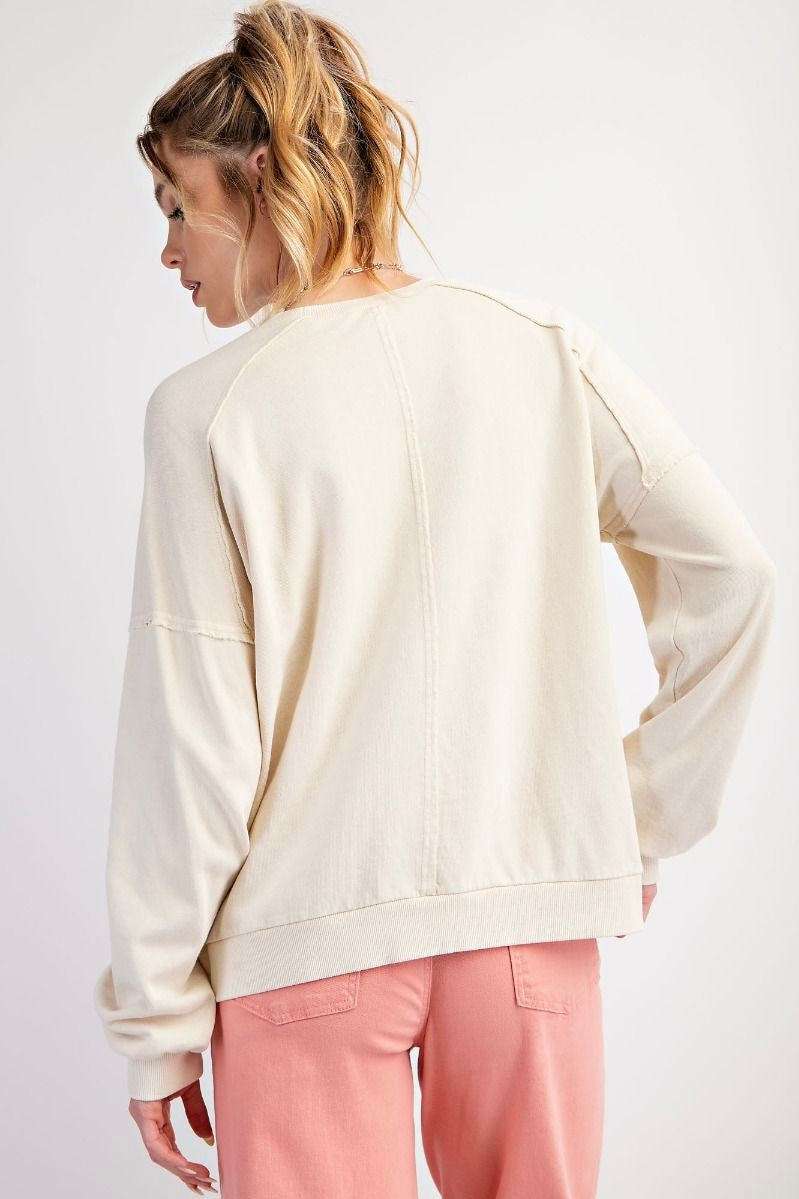 Easel Stone Long Sleeve Mineral Washed Top with Floral Peace Sign