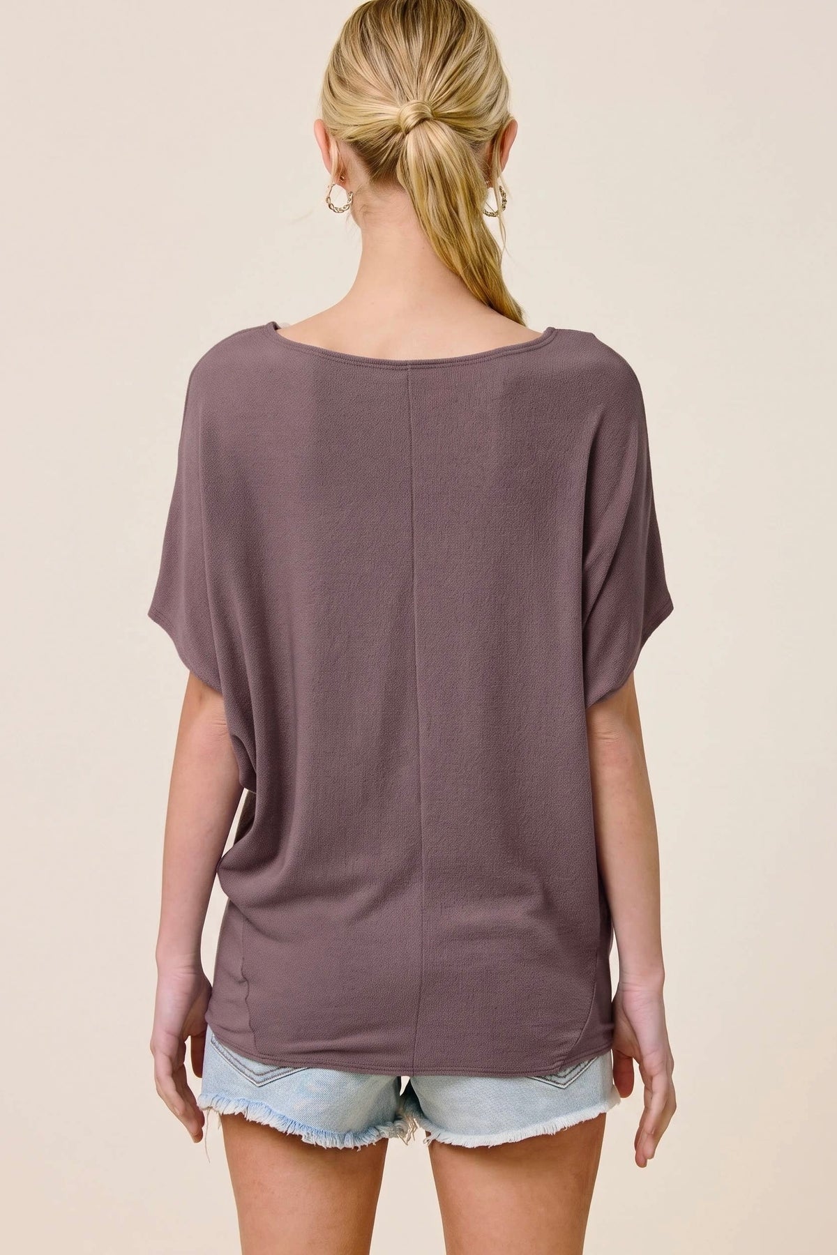 Charlotte Avery Dark Cocoa Short Sleeve Crepe Hacci Oversized Dolman Top