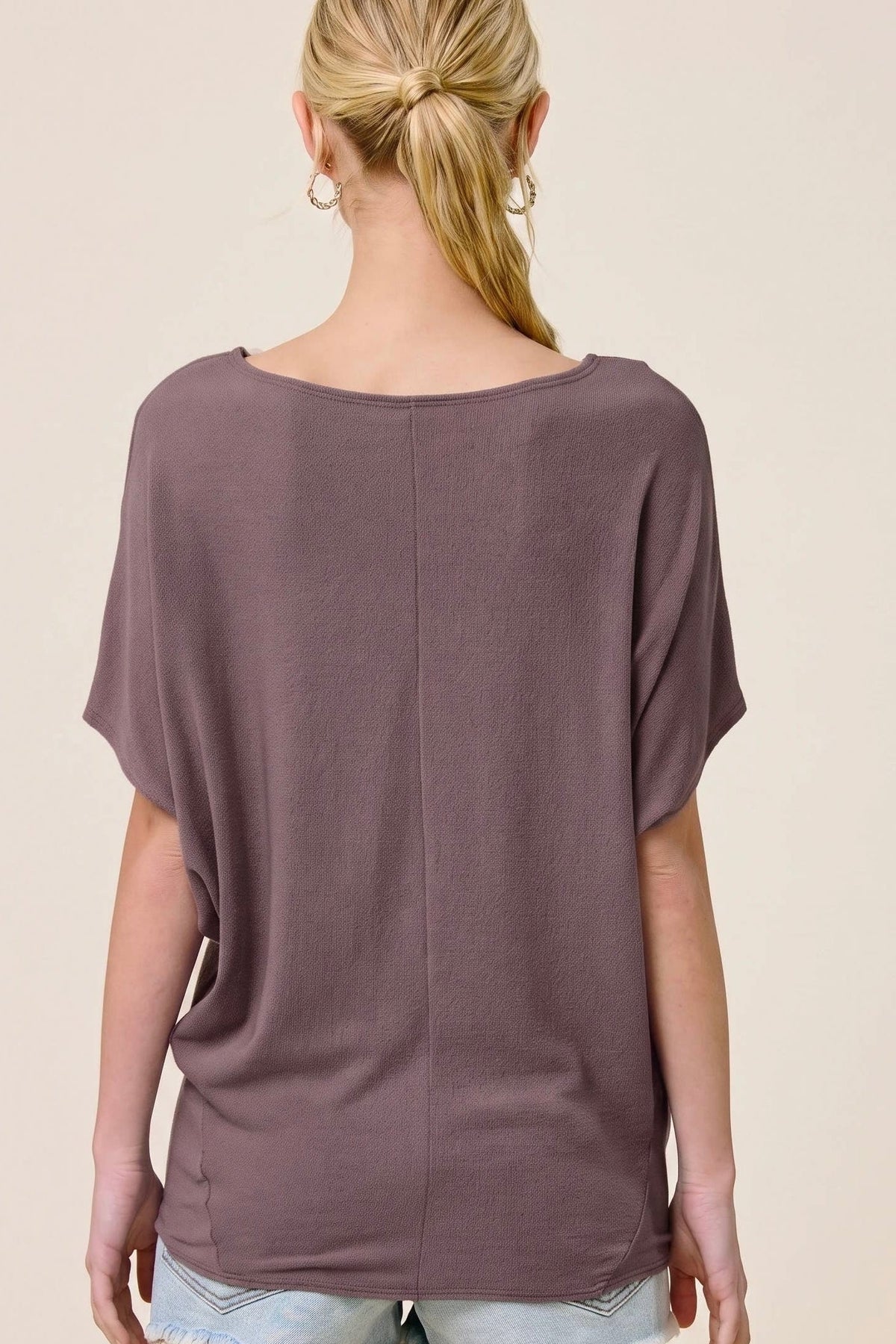Charlotte Avery Dark Cocoa Short Sleeve Crepe Hacci Oversized Dolman Top