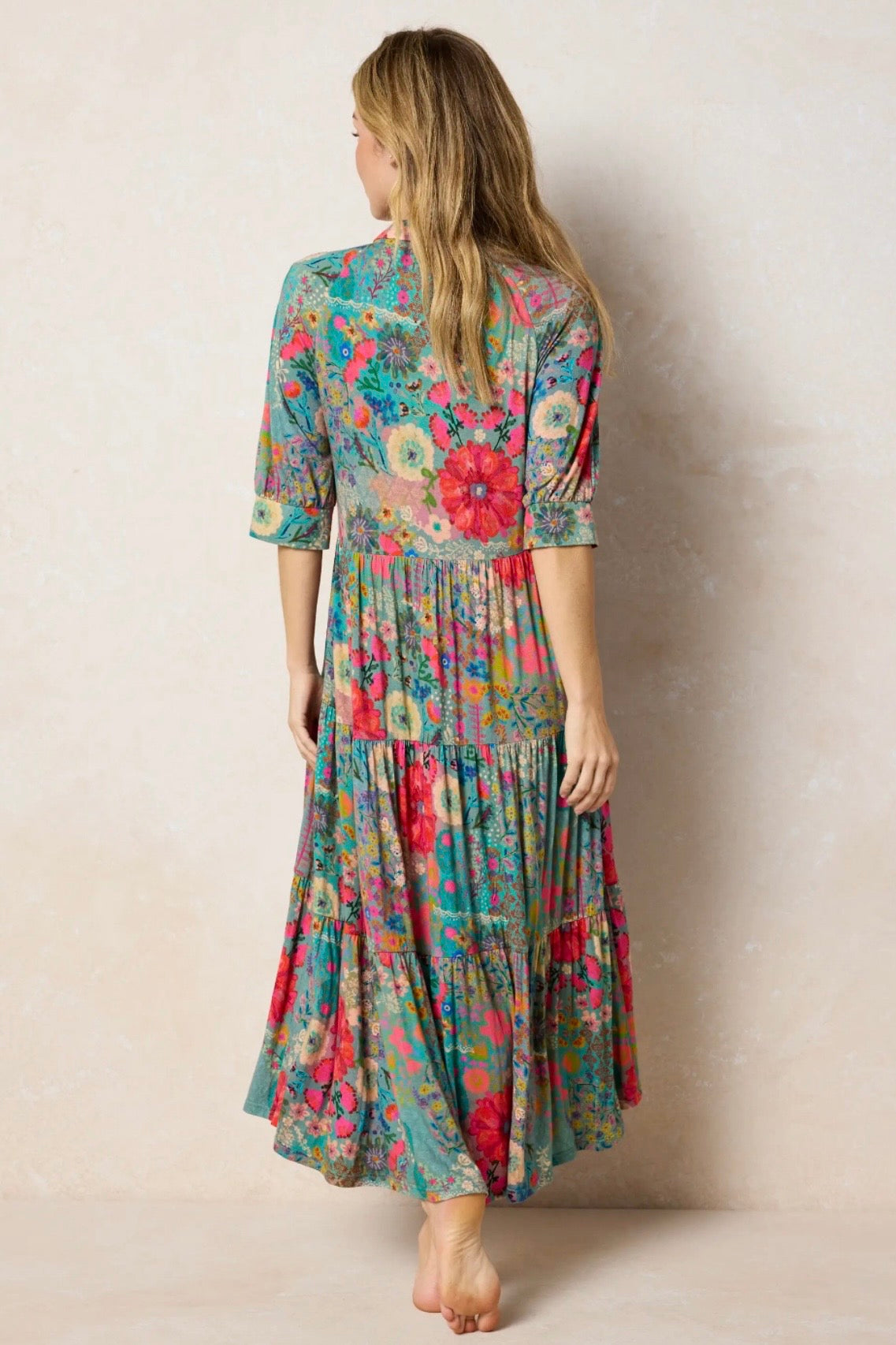 Natural Life Rebecca Butter Soft Midi Dress in Blue Garden Patchwork