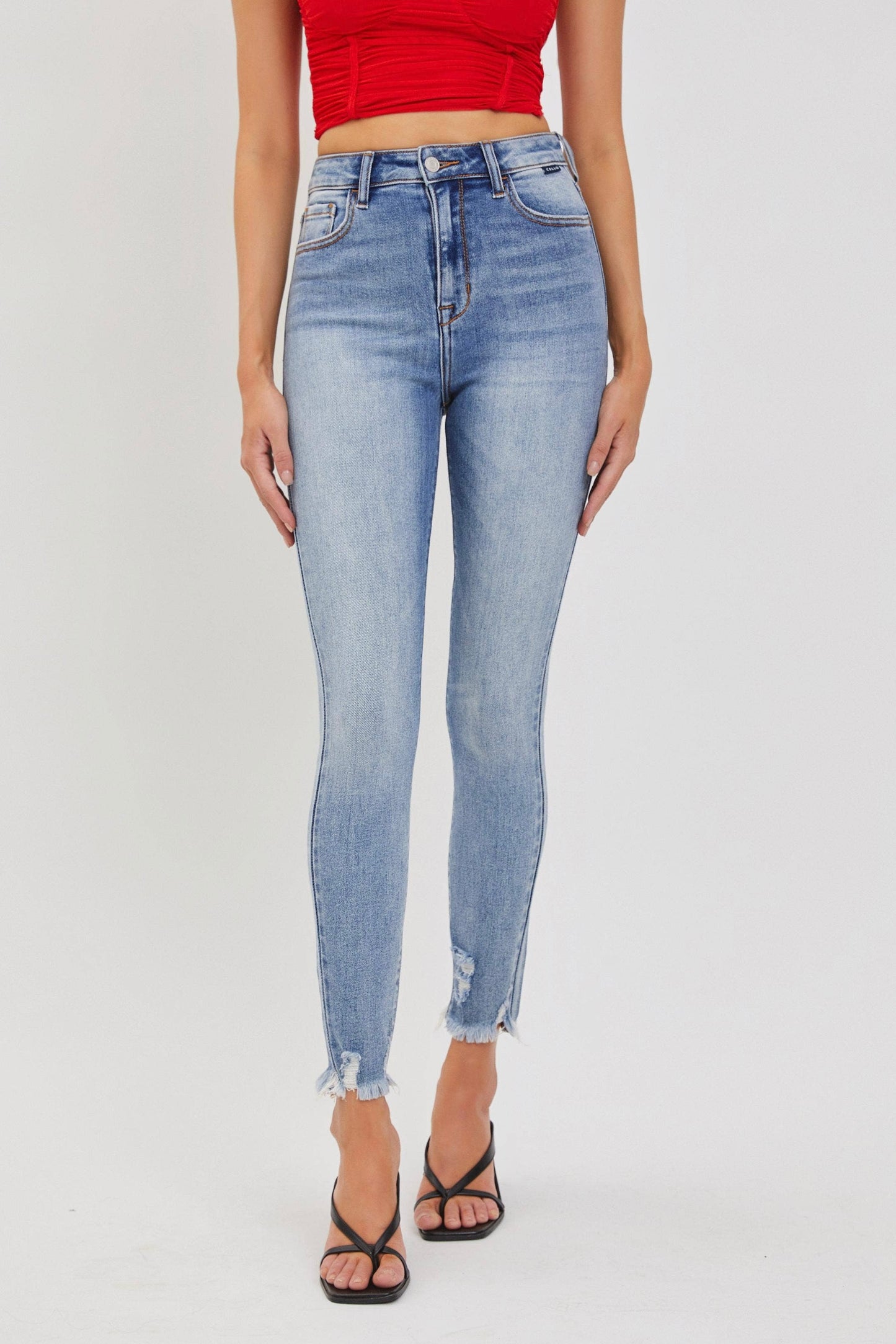 Cello high rise skinny jeans med wash distressed hem