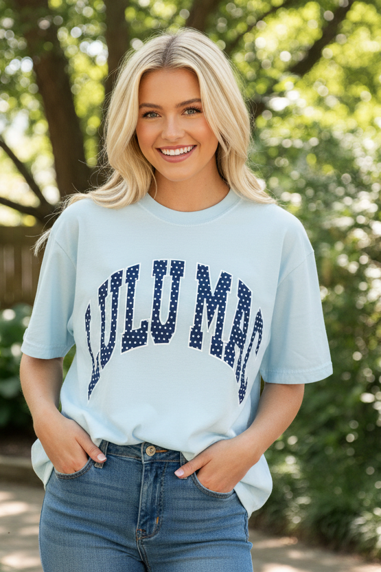 Lulu Mac Polka Dot Light Blue Navy Comfort Colors Tee