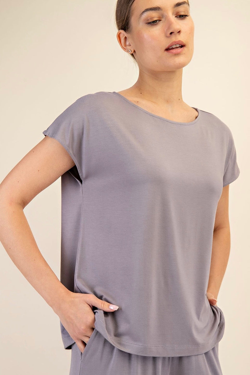 Taupe Viscose Modal Short Sleeve Boatneck Top