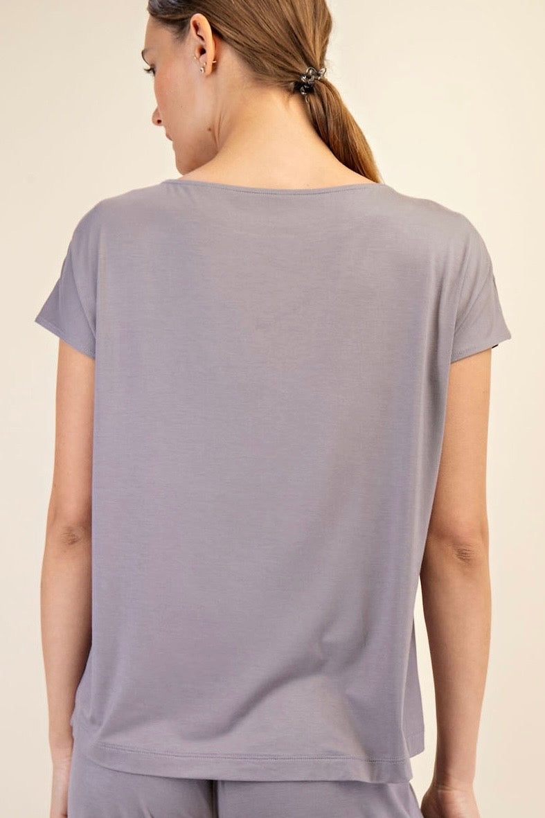 Taupe Viscose Modal Short Sleeve Boatneck Top