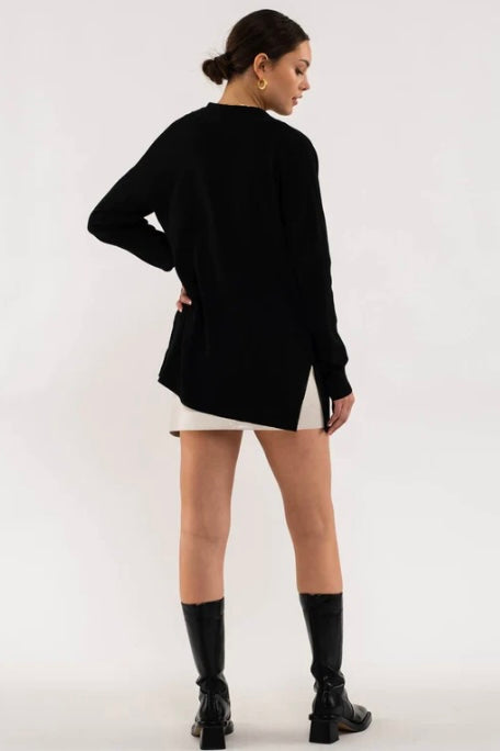 Black Cardigan with Side Slits and Pockets