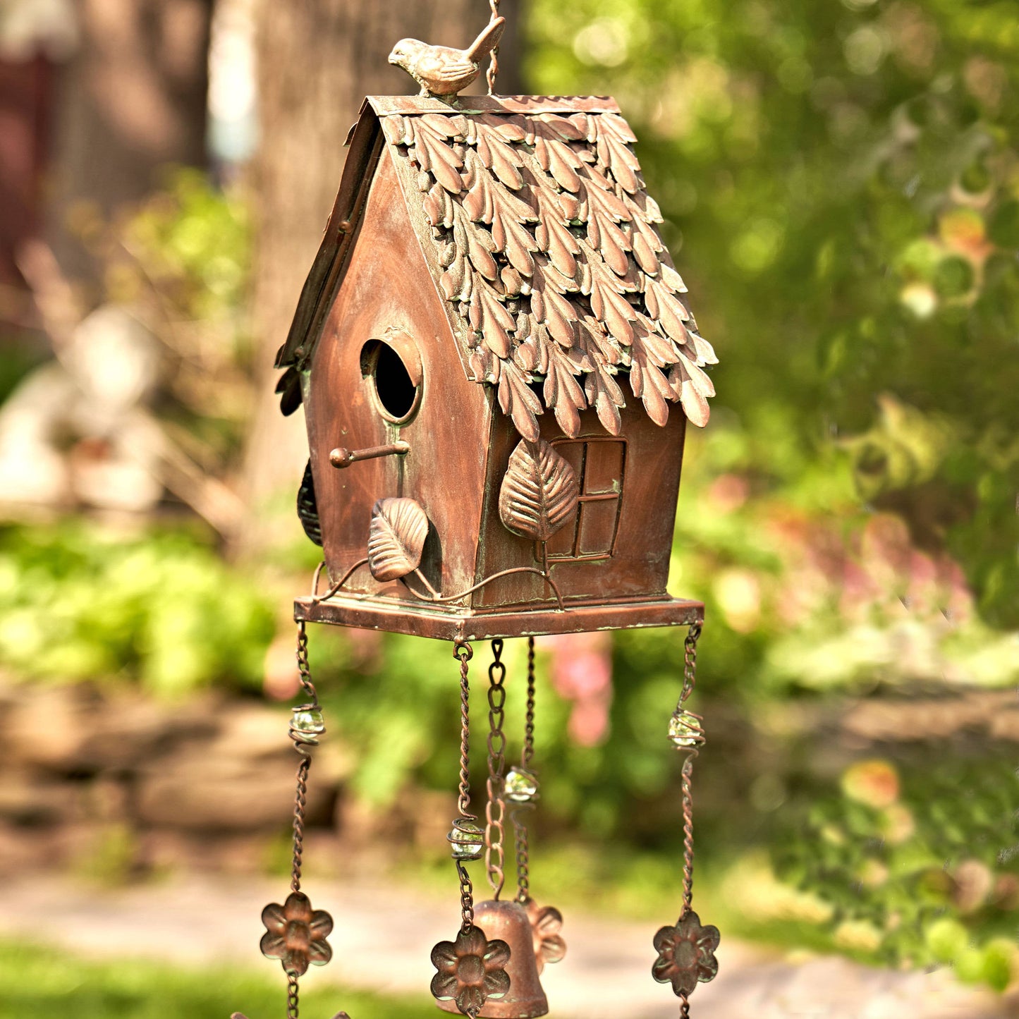 Antique Copper Hanging Birdhouse Cottage Wind Chime