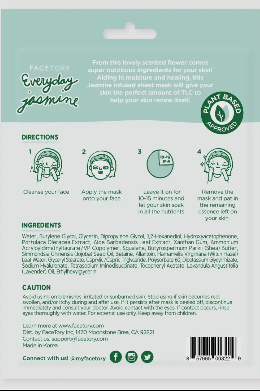 FaceTory Everyday Jasmine Moisturizing Sheet Mask- Korean Beauty