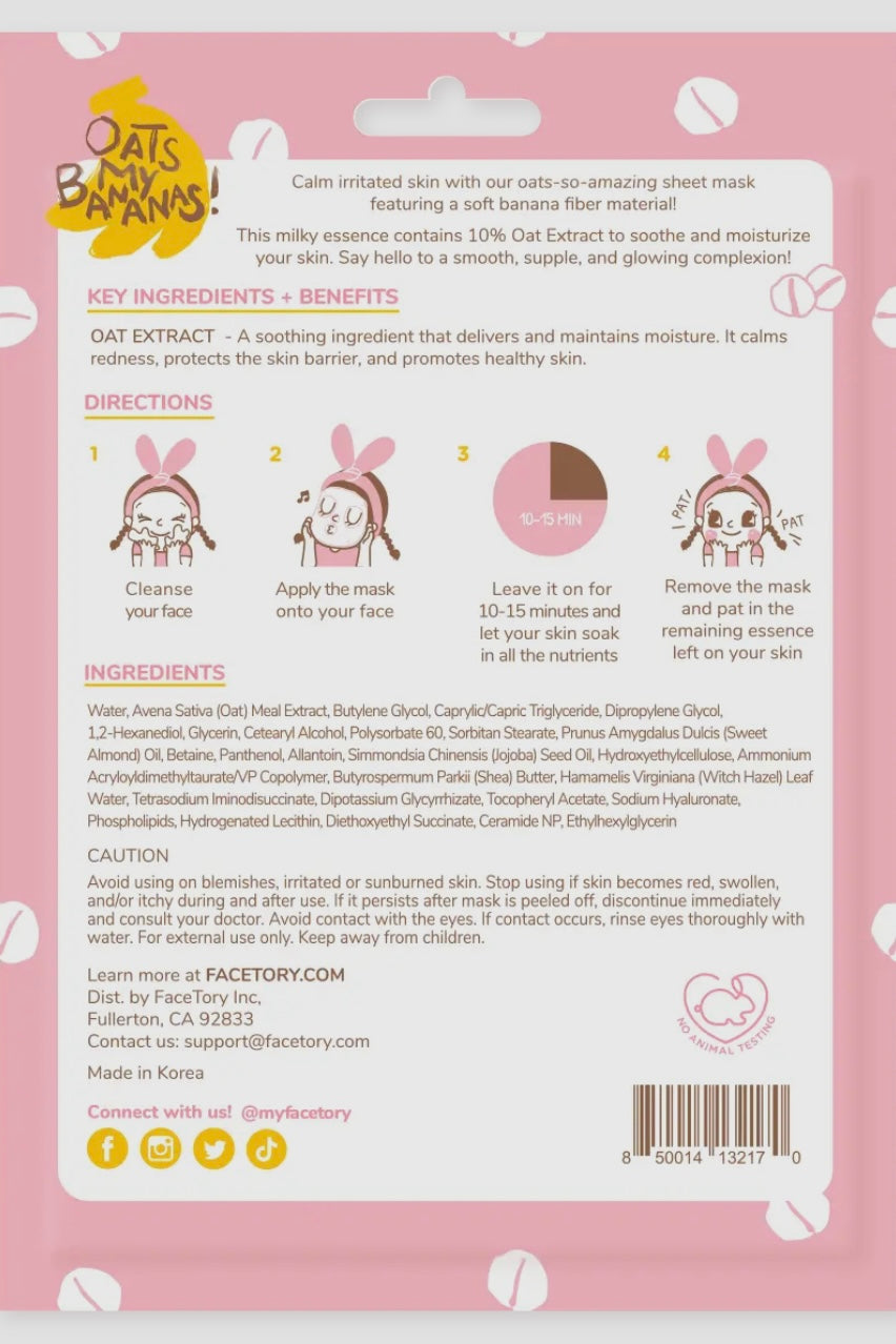 FaceTory Oats My Bananas Soothing & Protecting Sheet Mask- Korean Beauty