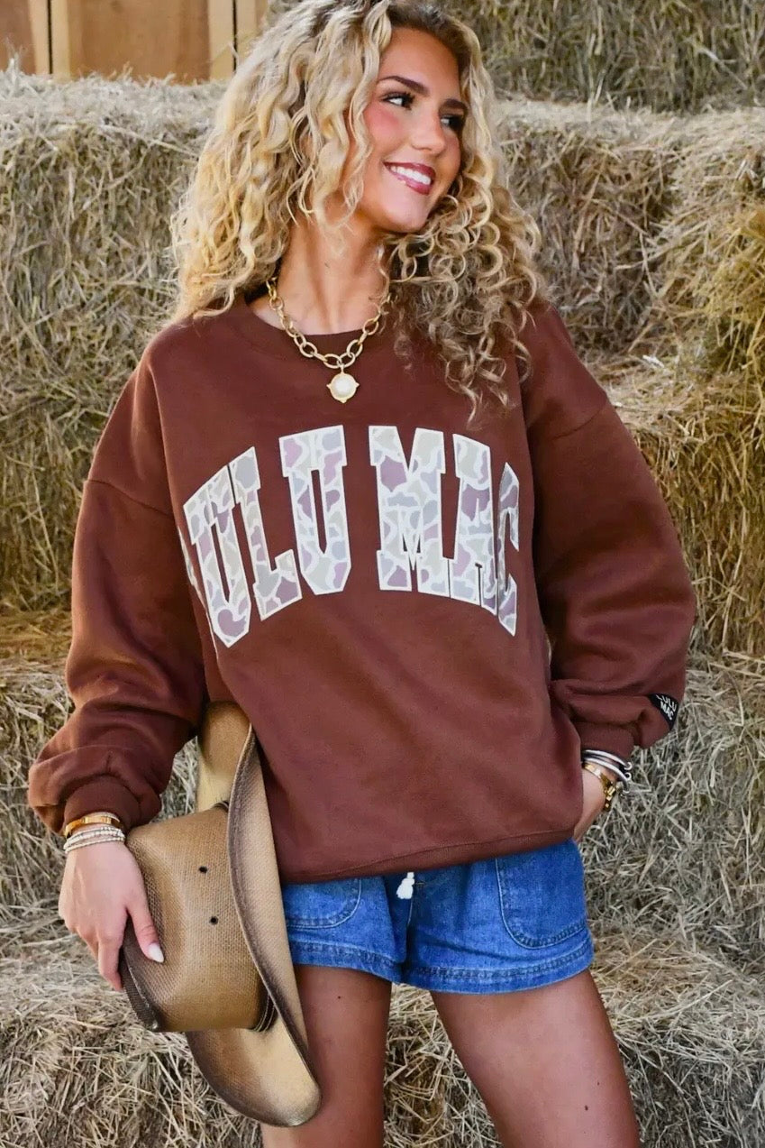 SALE! $32 LULU MAC Sweatshirt- Cocoa/Chocolate Brown with Camo Letters REG. $55