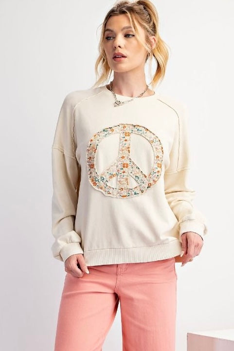 Easel Stone Long Sleeve Mineral Washed Top with Floral Peace Sign