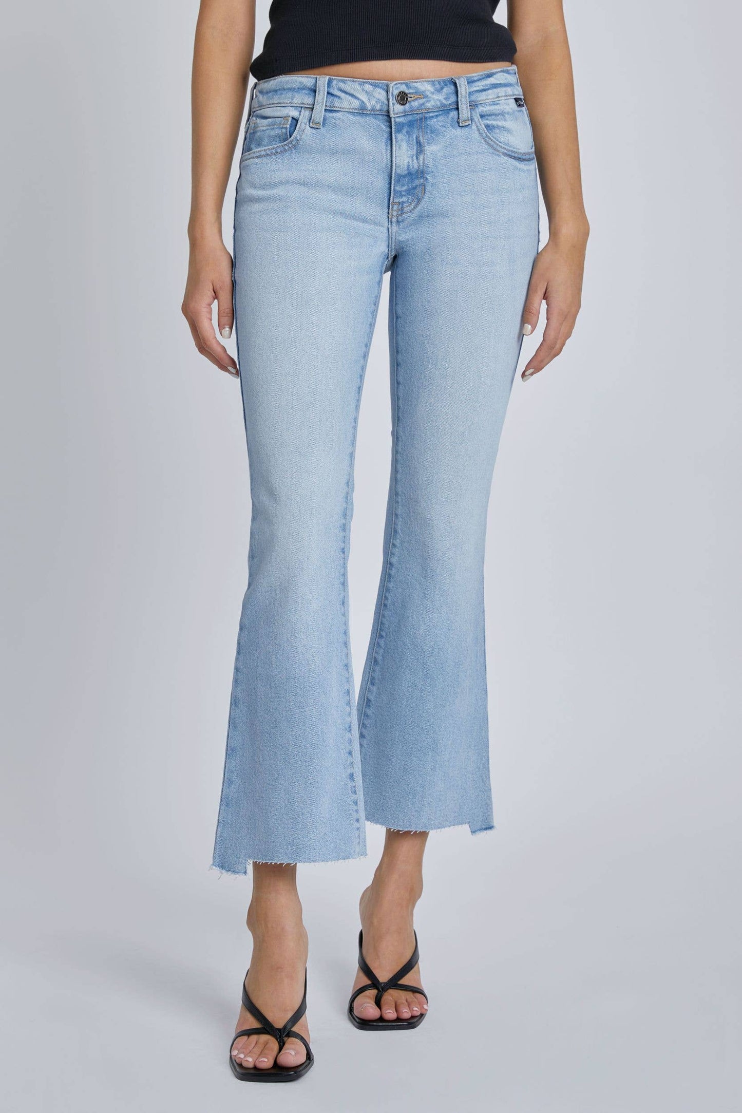 Cello Mid Rise Crop Flare Jeans in Light Wash Denim