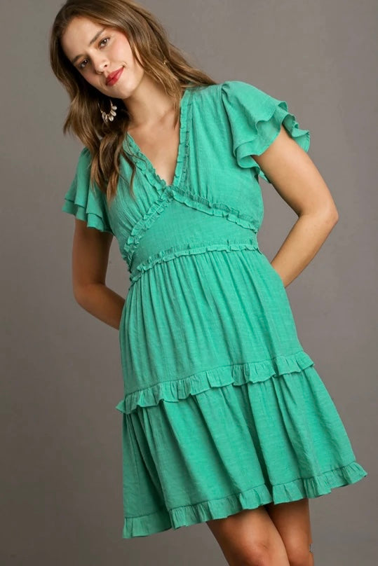 Umgee Emerald Green Short Dress with Ruffle Sleeve Medium / Emerald Green Umgee Emerald Green Short Dress with Ruffle Sleeve Medium / Emerald Green