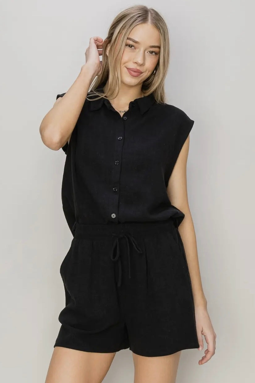 Black Linen Blend Sleeveless Top and Shorts Set