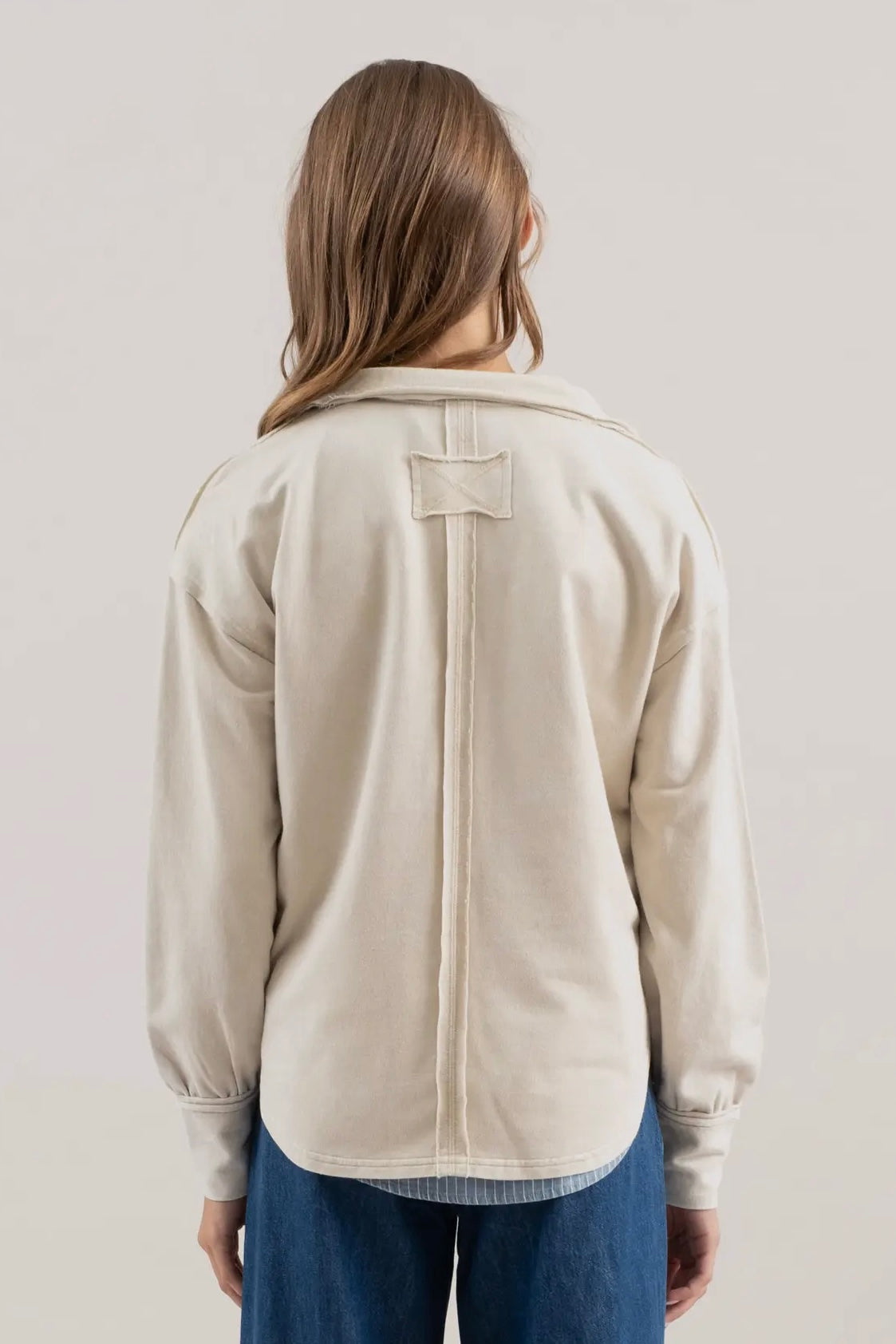 Cream Mineral Washed Collared V Neck Long Sleeve Top