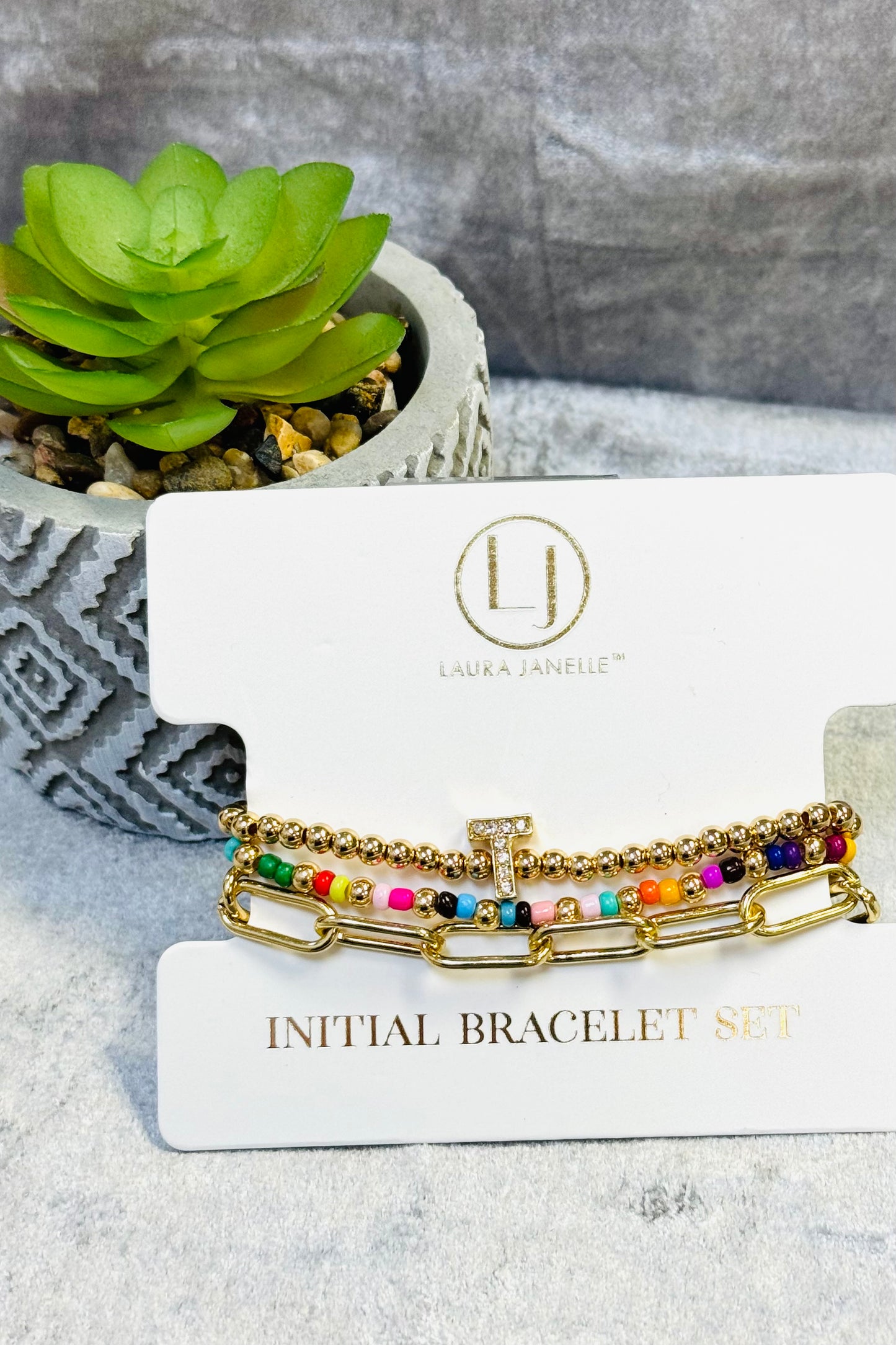 Laura Janelle Initial Bracelet Set in Gold (Choose your initial.)