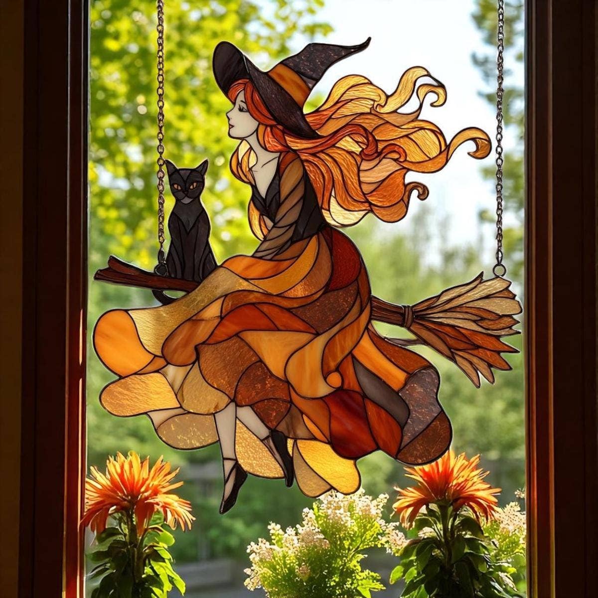 Autumn Witch Acrylic Window Hanging, Cat And Broom Decor: 10x10"