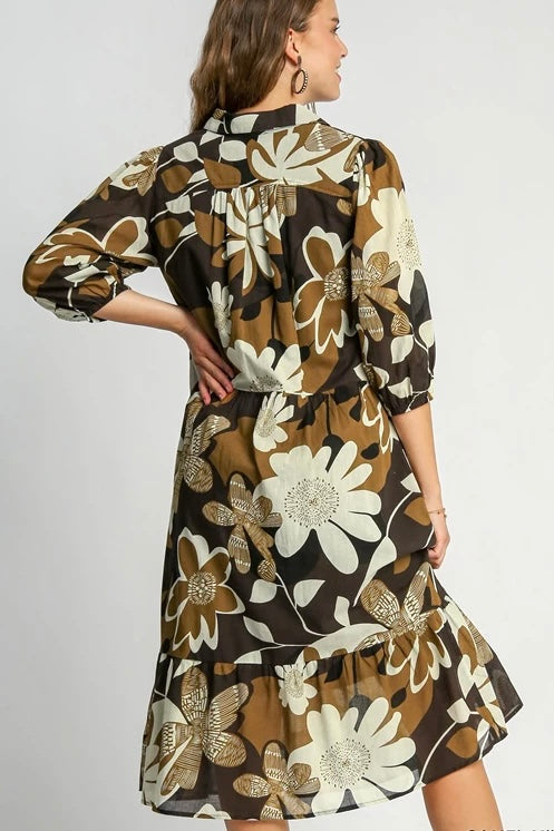Umgee Camel Floral Tiered Midi Dress with Collared Neck and 3/4 Sleeves