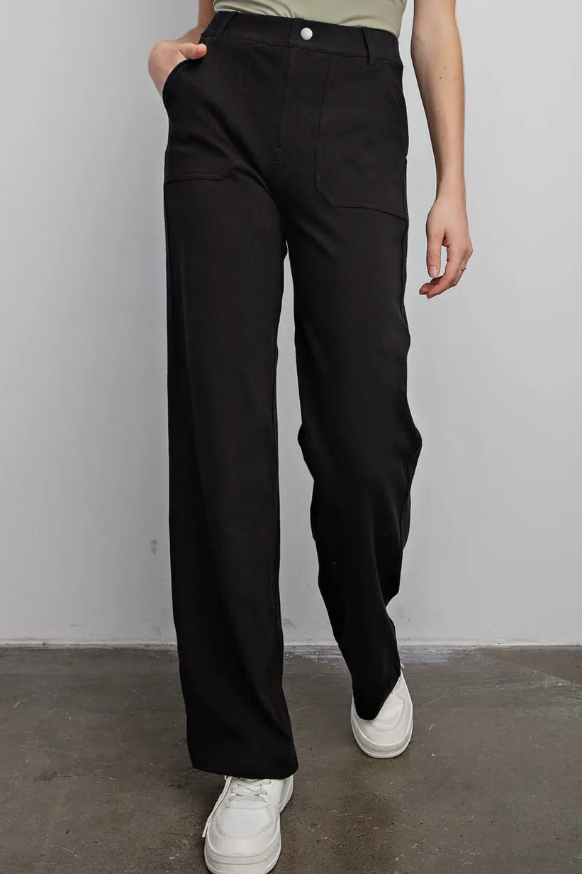 Black Cotton Stretch Twill Wide Leg Pants