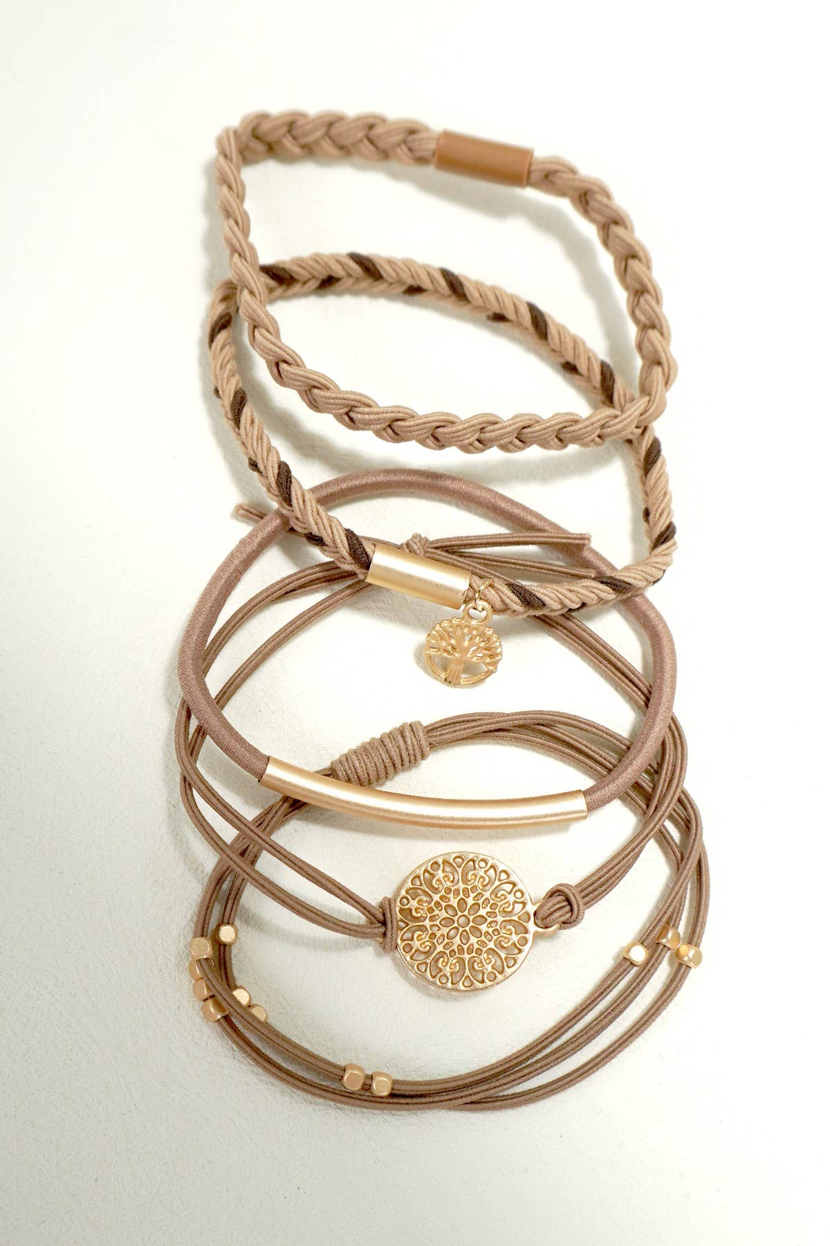 Boho Hair Tie Bracelet Set in Brown and Gold