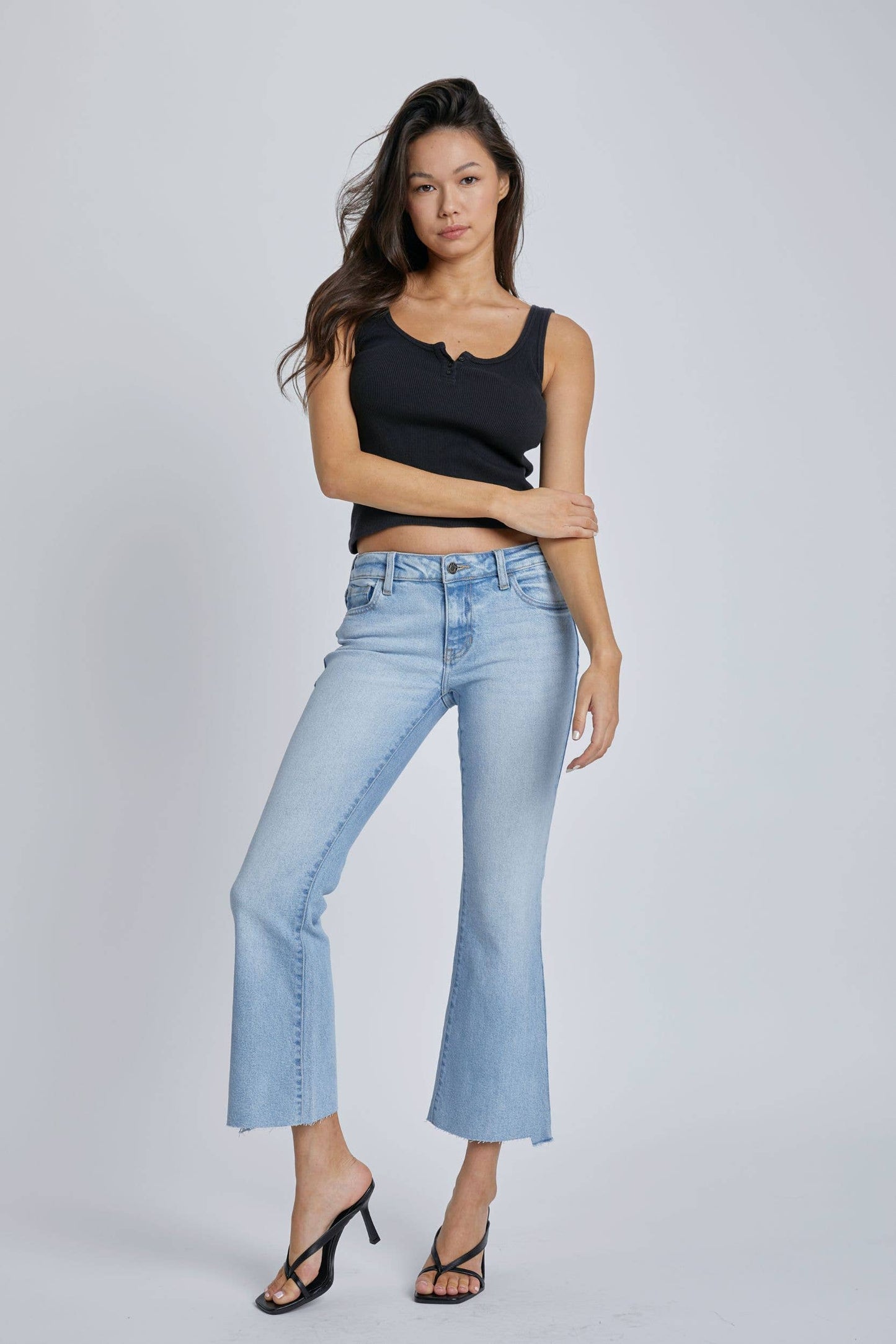 Cello Mid Rise Crop Flare Jeans in Light Wash Denim