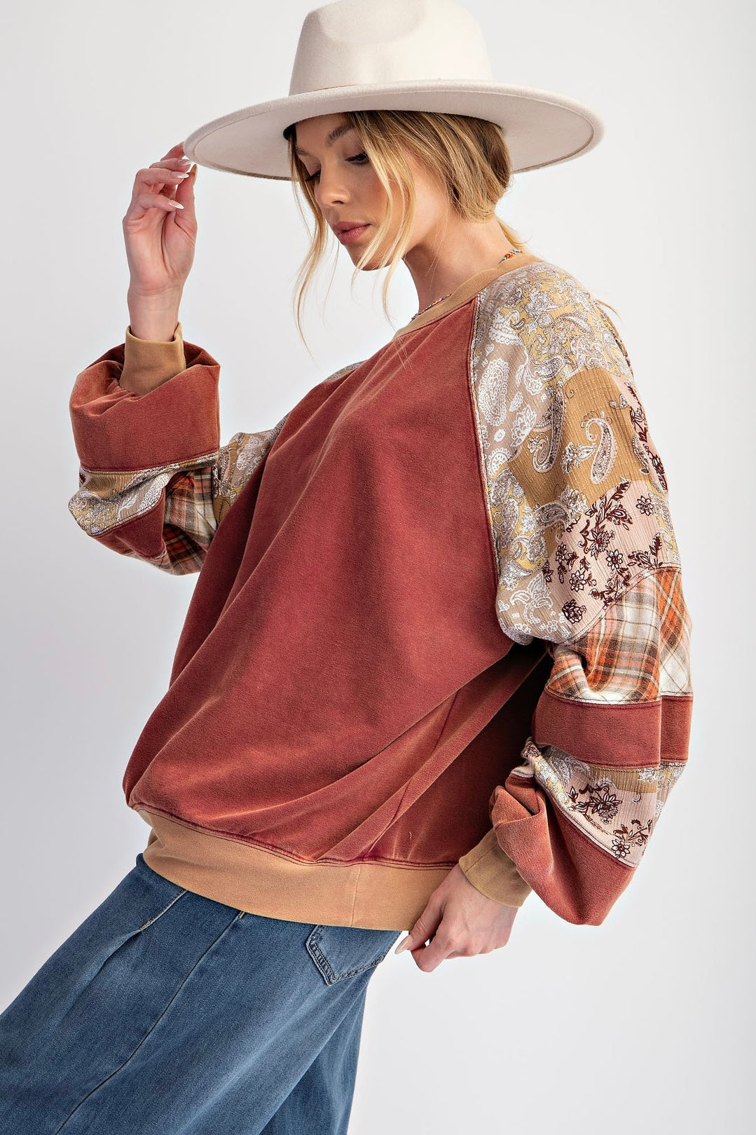 Easel Cherrywood Velour Mixed Print Long Sleeve Top