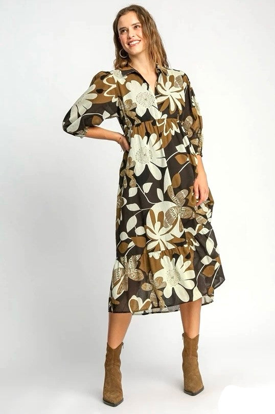 Umgee Camel Floral Tiered Midi Dress with Collared Neck and 3/4 Sleeve Boutique Tallulah Umgee Camel Floral Tiered Midi Dress with Collared Neck and 3/4 Sleeve Boutique Tallulah
