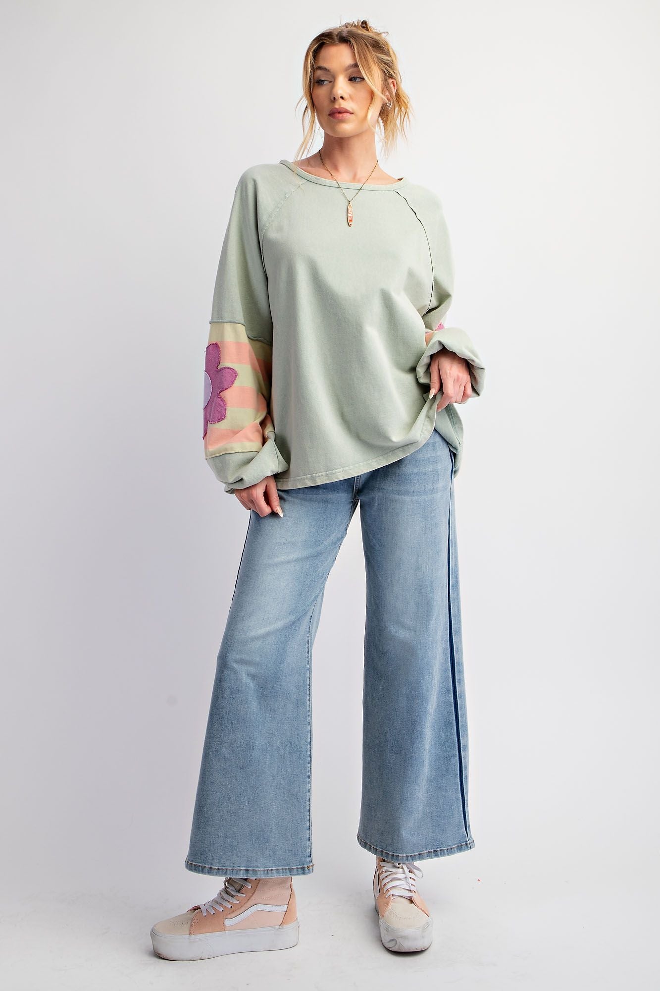 Easel Sage Green Flower Patch Long Sleeve Top