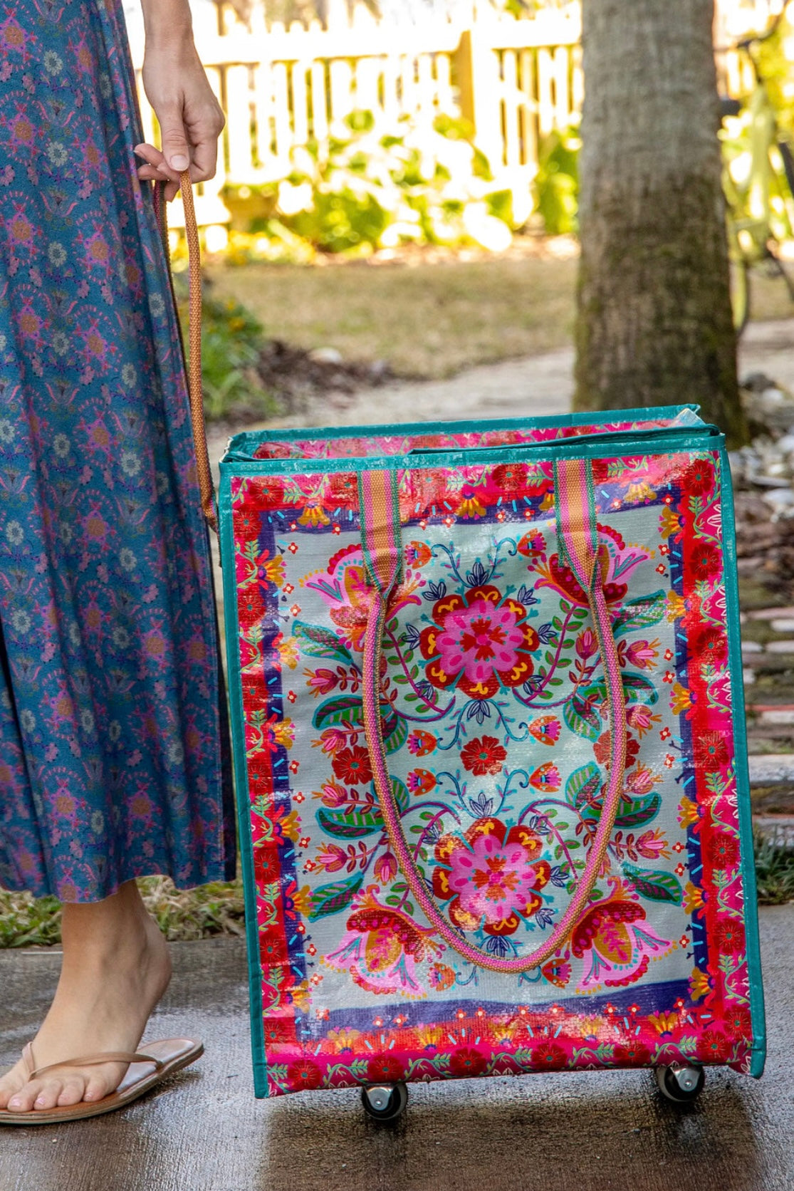 Natural Life Rolling Tote Bag- Red Folk Flower