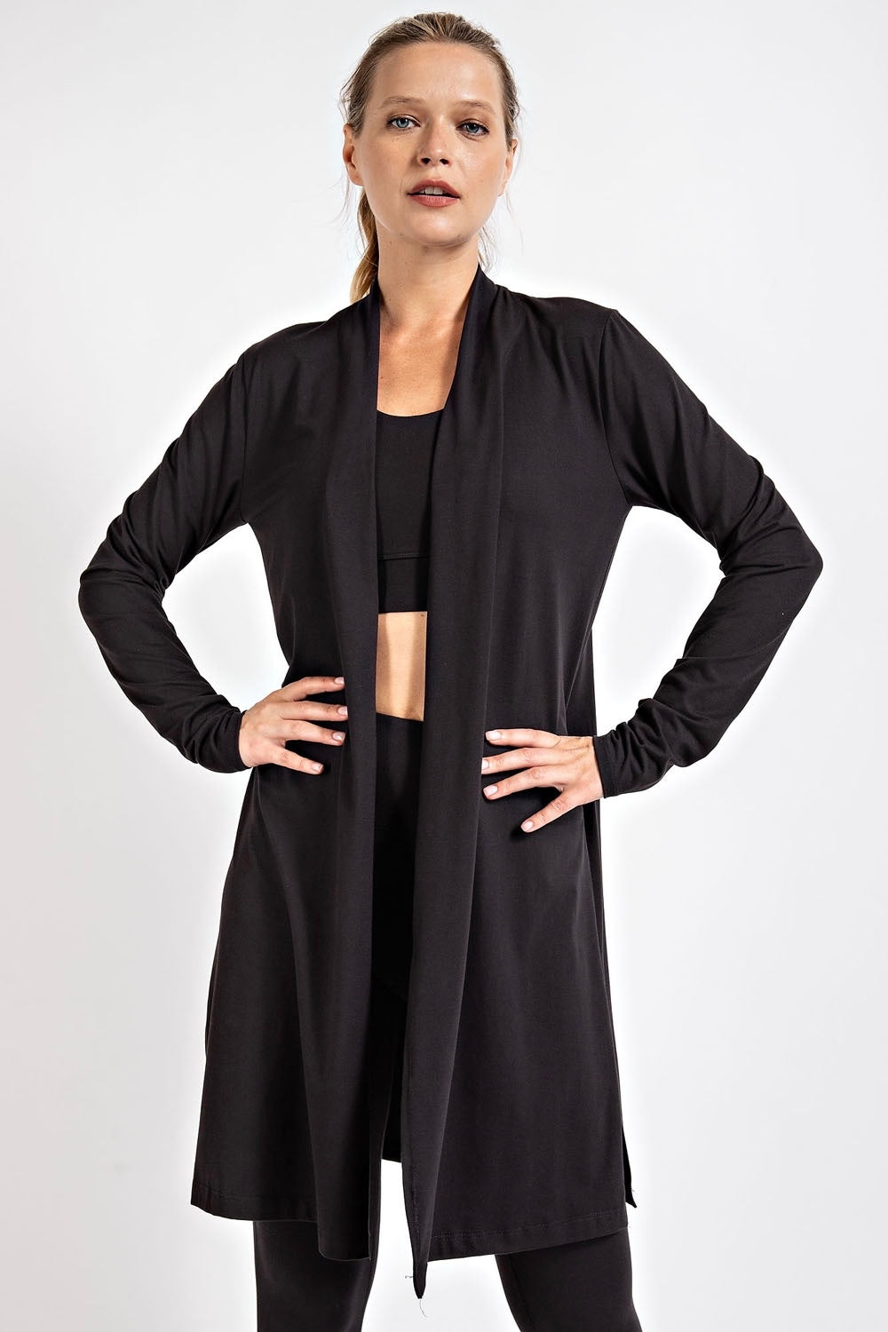 Black Plus Size Butter Soft Long Sleeve Cardigan with 4 Way Stretch and Side Slits