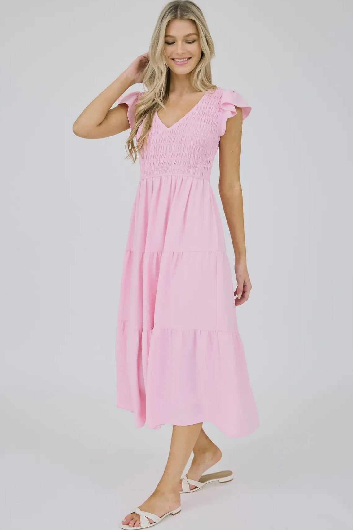 Light Pink Flutter Sleeve Smocked Tiered Midi Dress