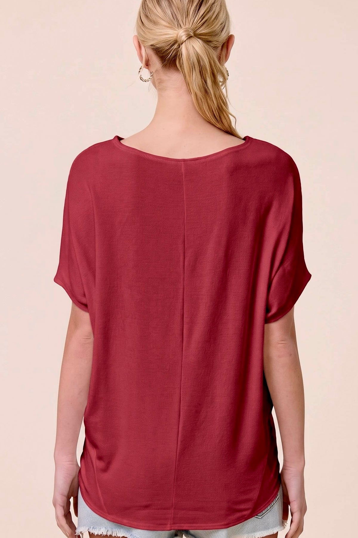 Charlotte Avery Wine Short Sleeve Crepe Hacci Oversized Dolman Top