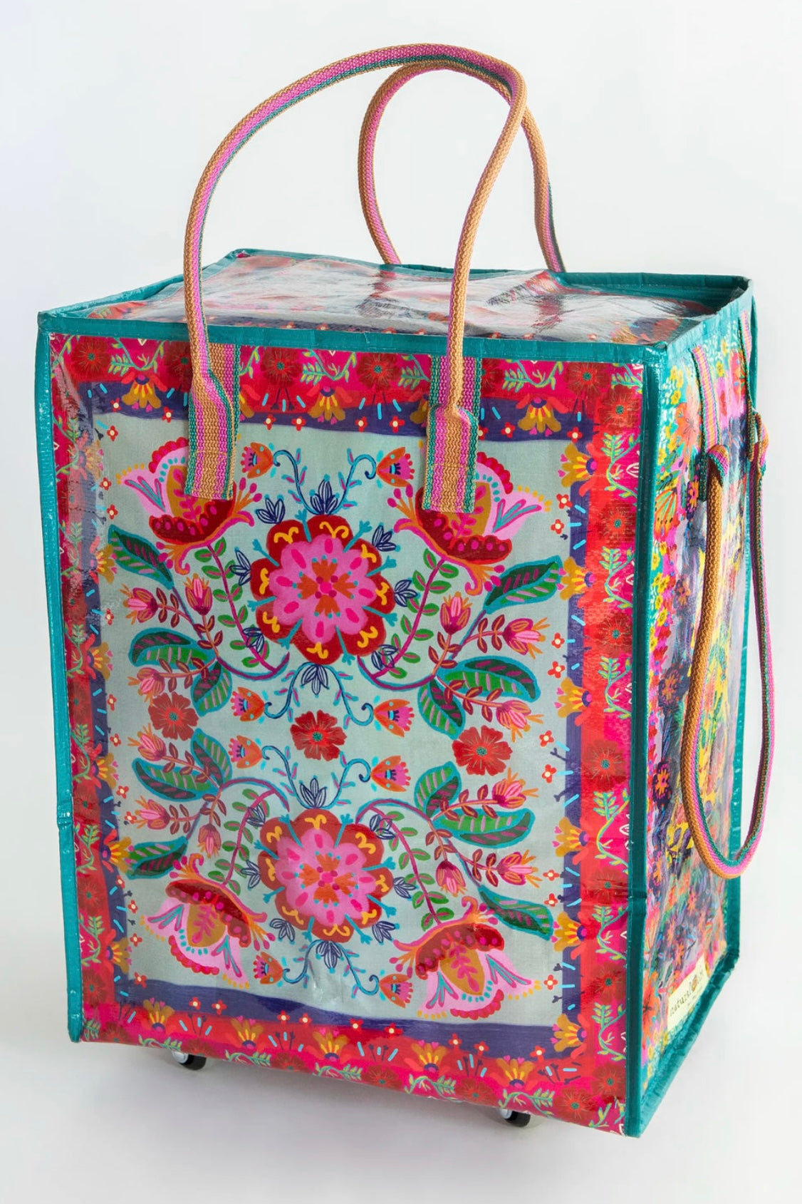 Natural Life Rolling Tote Bag- Red Folk Flower