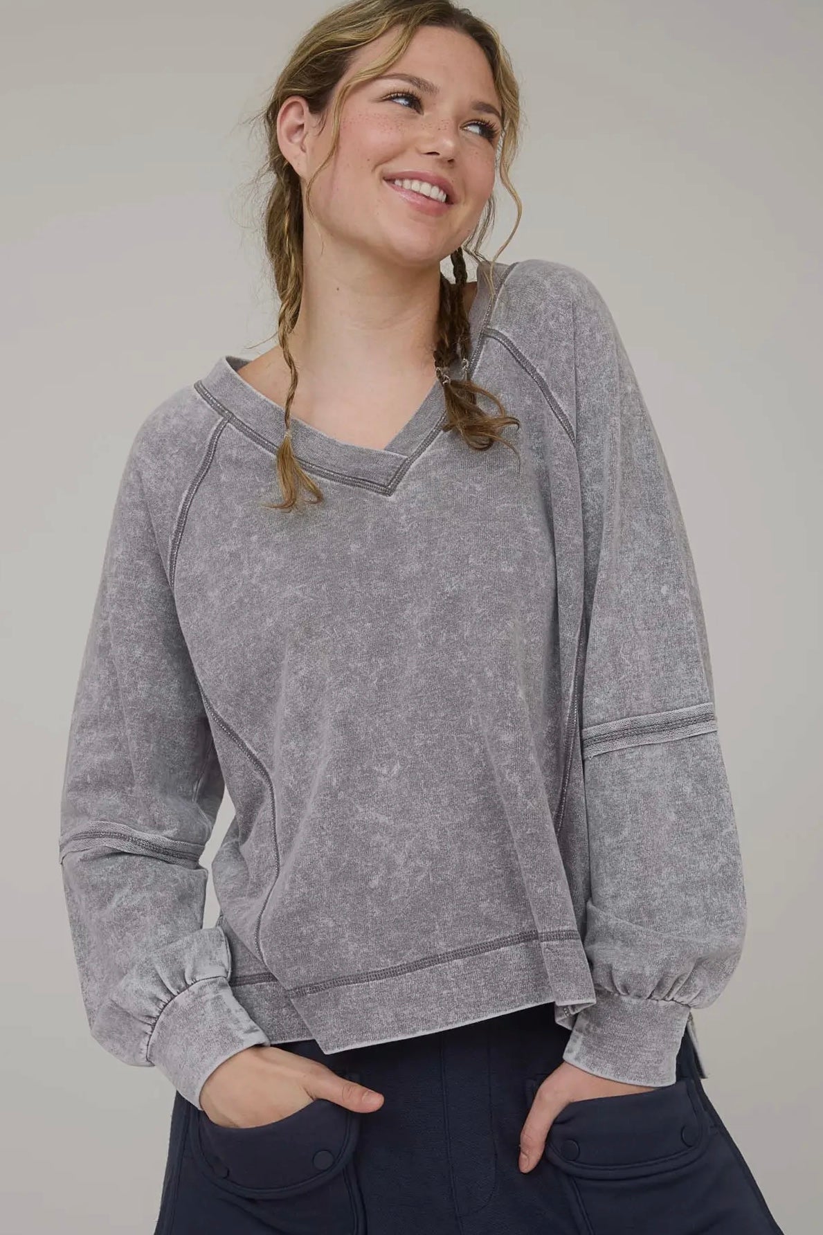 Charcoal Mineral Washed Crew Neck French Terry Sweatshirt