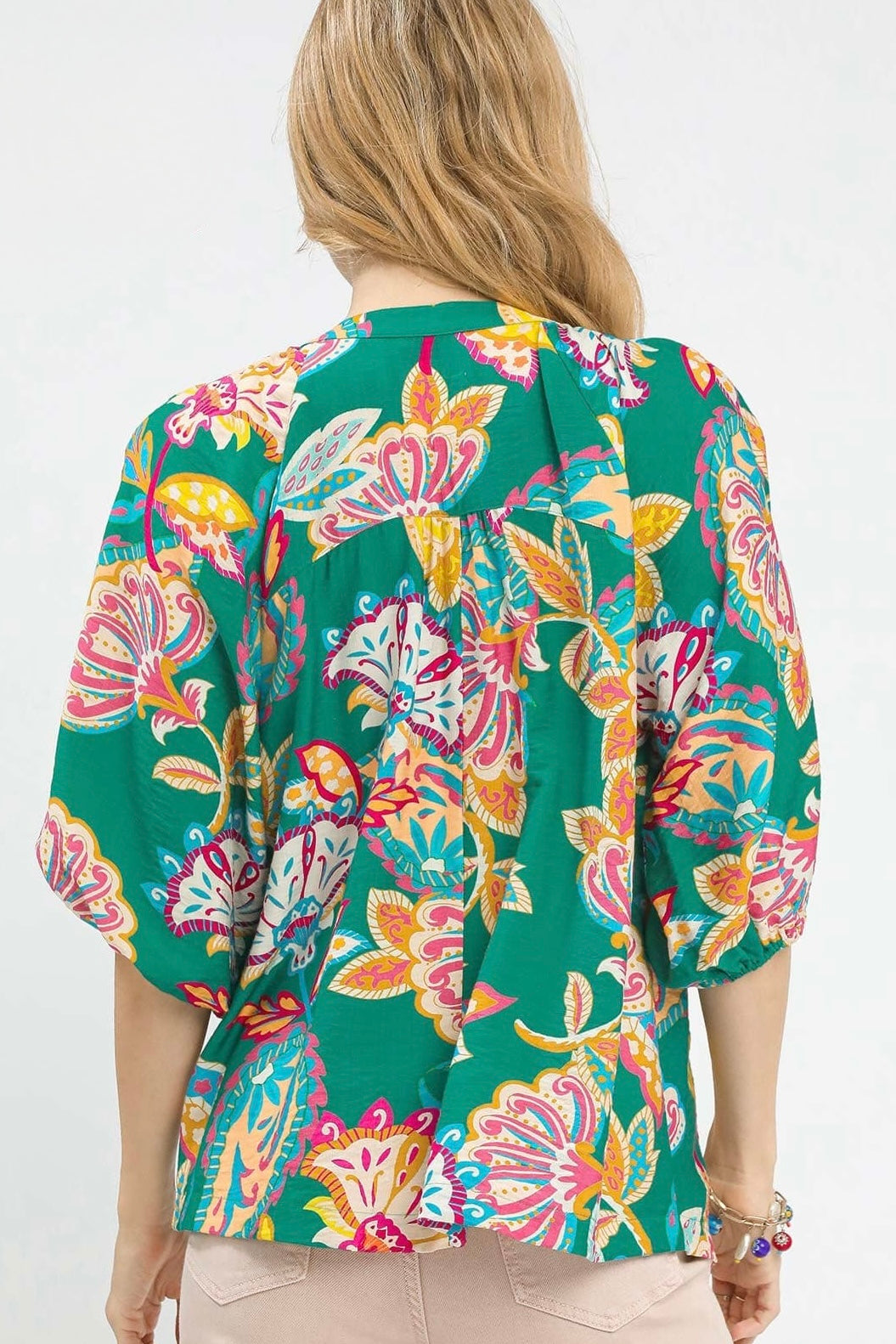 Umgee Emerald Boho Paisley Floral Print Top