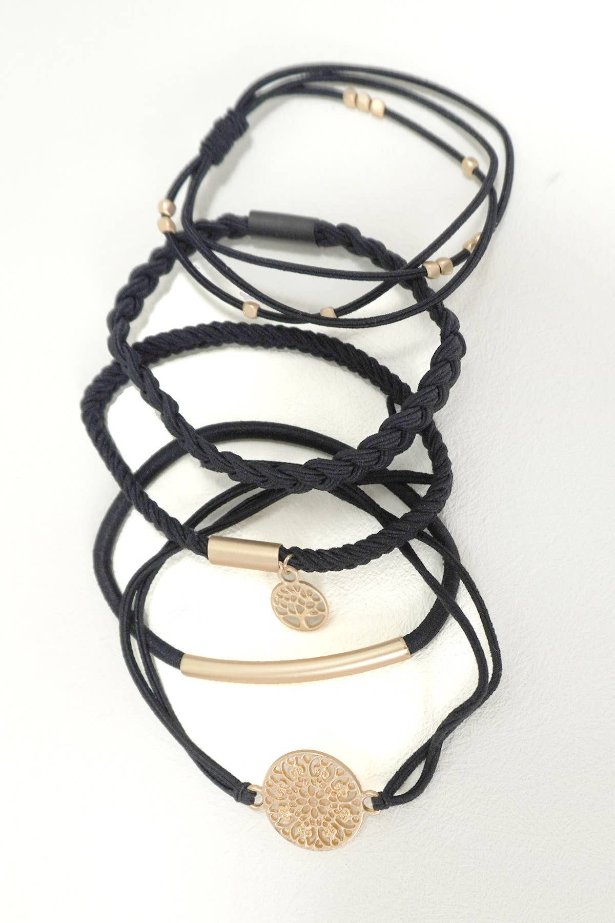 Boho Hair Tie Bracelet Set in Black and Gold